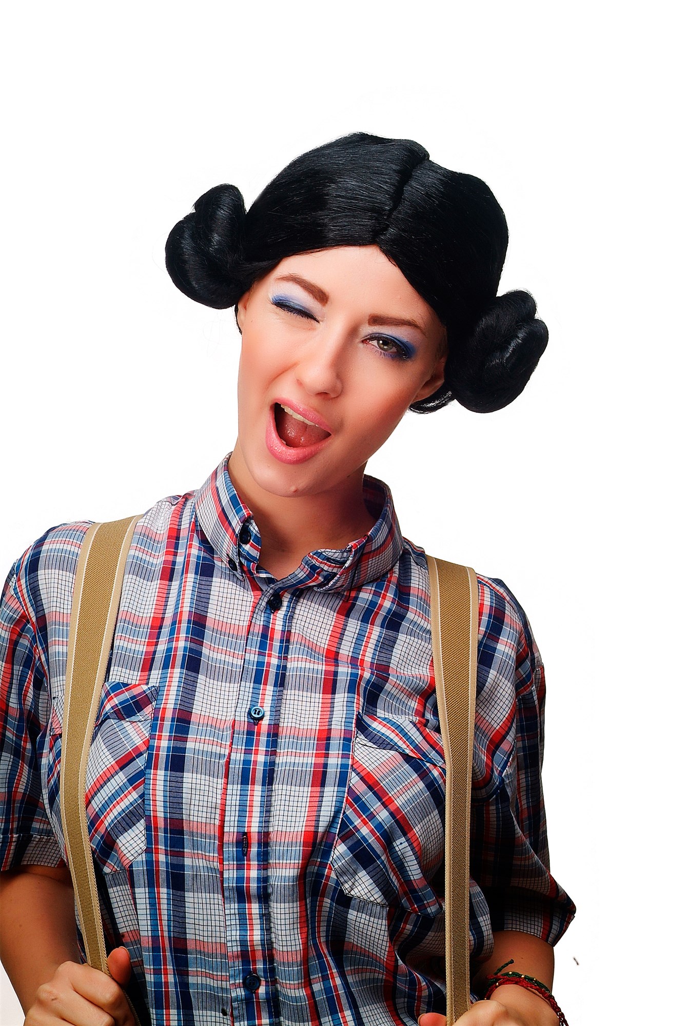 Lady wig black 2 hairbuns East European German traditional Hipster Princess 4253, view 3, WIG ME UP: Your Perücken Online Shop Party Wig, Ladies, Black, Braided, short