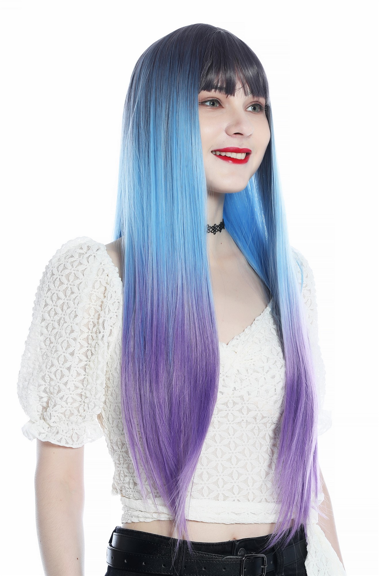 hochwertige Qualitätsperücken, Perücke lang glatt Pony Ombre Violett Hellblau Lila SZL0810B-T-002, Ansicht 3, WIG ME UP: Ihr Perücken Online Shop glatte Tressen-Perücke mit Kopfhaut-Imitat Grauviolett-Hellblau-Verlauf zu Lila lange Haare für Damen