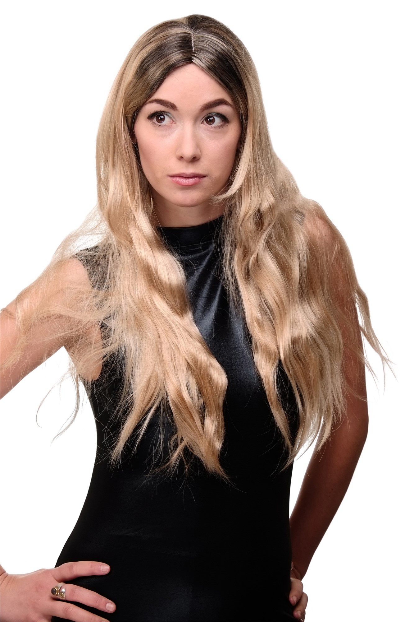 Amazing Lady  Wig black roots & different blond mixed very long wavy middle parting 24", front view, WIG ME UP: Your Perücken Online Shop Quality Wigs, Ladies, blonde-black mix, wavy, long