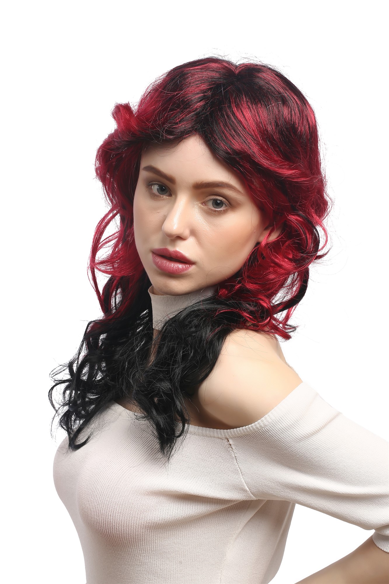 Lady Party Wig Fancy Dress TV Soap Opera Diva black red ombre parting teased wavy layered long, view 2, WIG ME UP: Your Perücken Online Shop Party Wig, Ladies, Red, Black, wavy, long