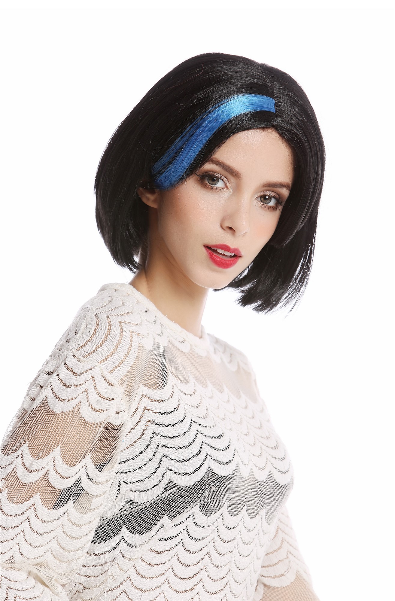91254-ZA103+ZA4 Wig Ladies Women Halloween Carnival short Bob Bobo black blue strands at parting, view 4, WIG ME UP: Your Perücken Online Shop Party Wig, Ladies, Black, straight, short