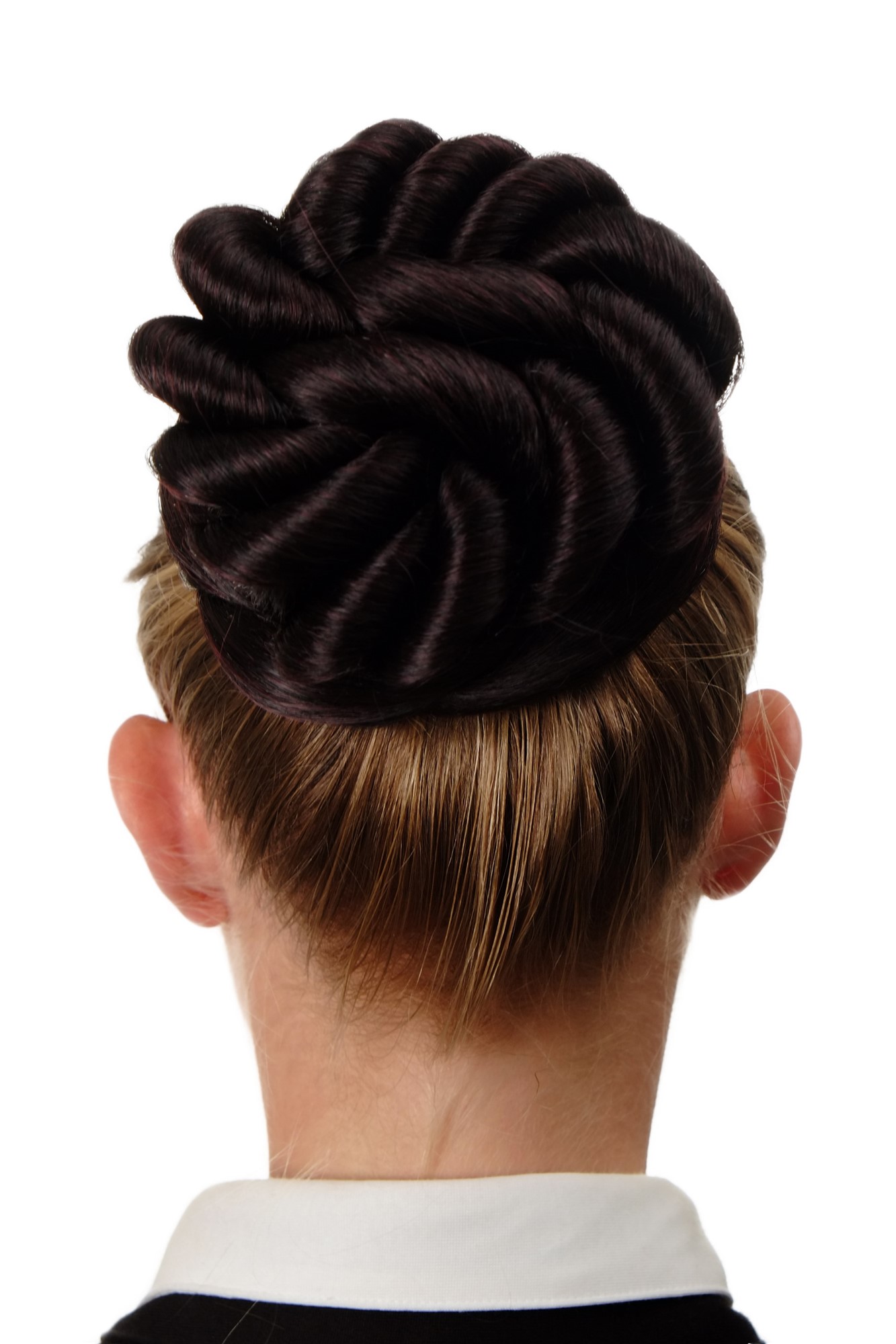 Dutt Haarknoten geflochten große Locken Schwarz-Rot-Mix N794-1SP99J, Vorderansicht, WIG ME UP: Ihr Perücken Online Shop geflochtener Dutt Haarteil Tiefschwarz-Auberginenrot-Mix