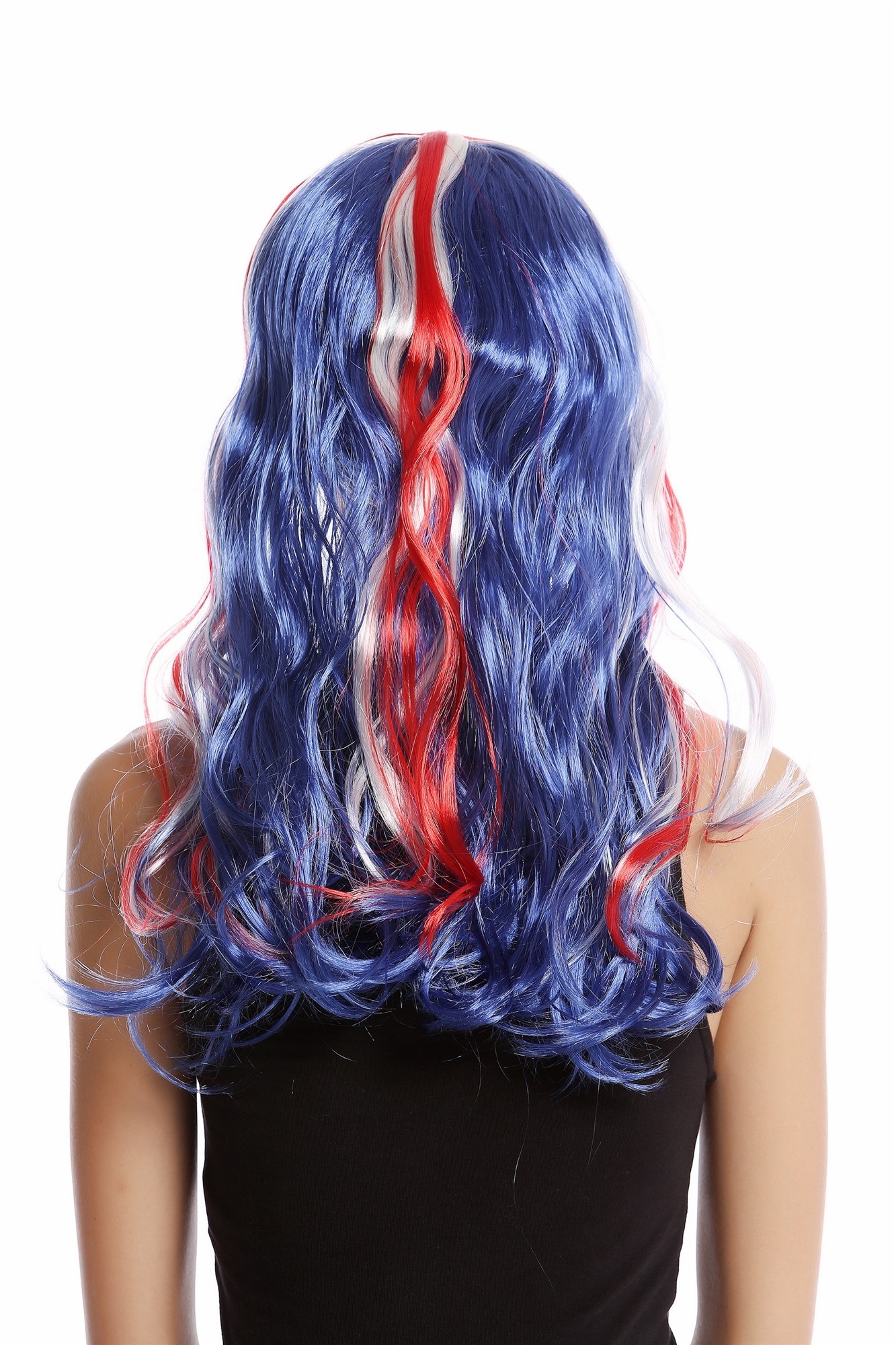90923 Lady Fan Wig England UK Union Jack long wavy blue white red, view 3, WIG ME UP: Your Perücken Online Shop Party Wig, Ladies, Blue, White, Red, wavy, long