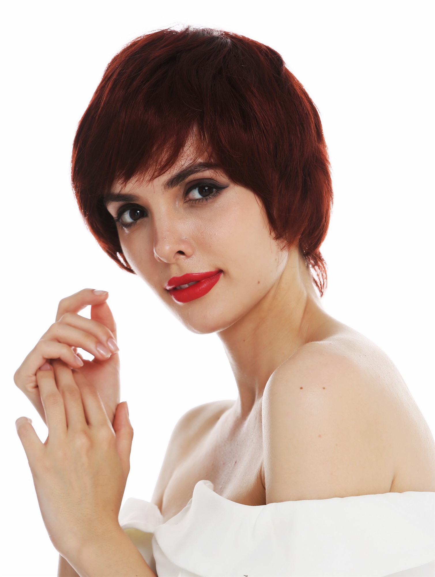 hochwertige Qualitätsperücken, Perücke Voll Mono handgeknüpft Pixie Bubikopf Rot Rotbraun DW-1682-FHT-131, Ansicht 3, WIG ME UP: Ihr Perücken Online Shop glatte Tressen-Perücke Rotbraun kurze Haare für Unisex