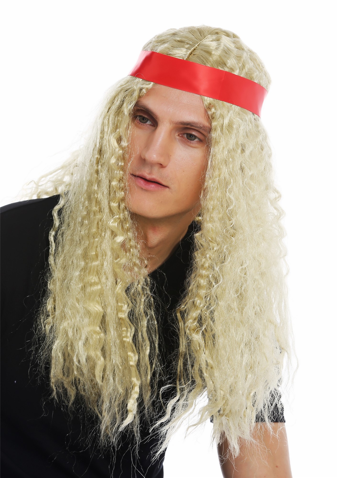 Wig women men long headband middle parting hippie 60's blonde curls 31912, front view, WIG ME UP: Your Perücken Online Shop Party Wig, Unisex, light blonde, curled, long