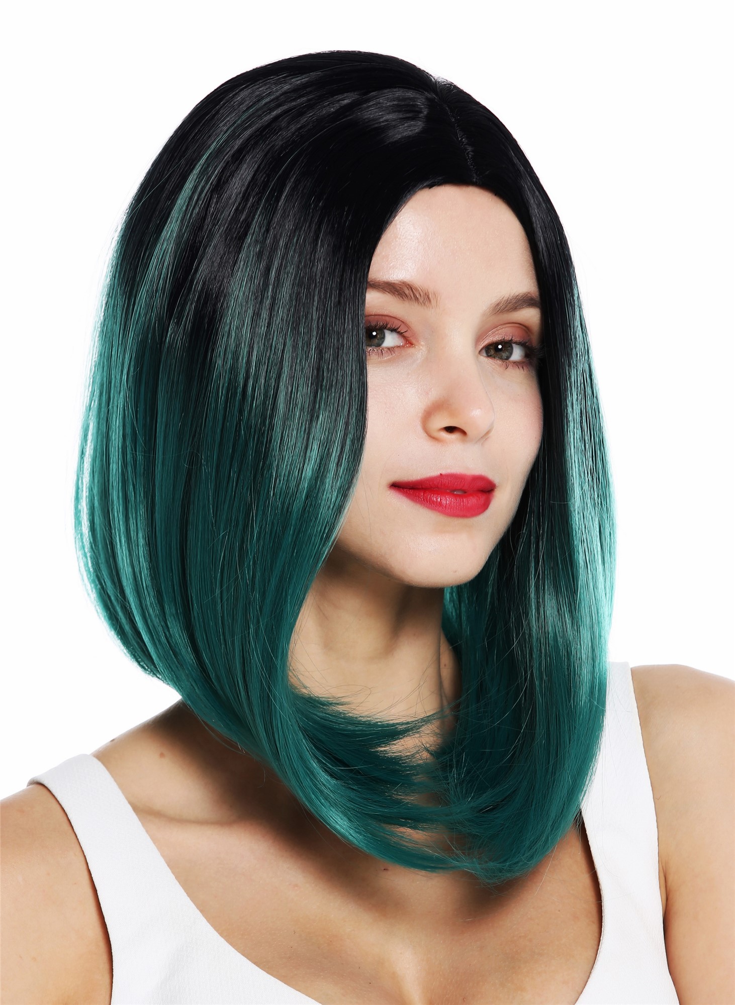 hochwertige Qualitätsperücken, Perücke kurz Longbob Mittelscheitel glatt Ombre Schwarz Grün ZM-1769-BDR1B, Vorderansicht, WIG ME UP: Ihr Perücken Online Shop glatte Tressen-Perücke mit Kopfhaut-Imitat Schwarz-Grün-Mix schulterlange Haare für Damen
