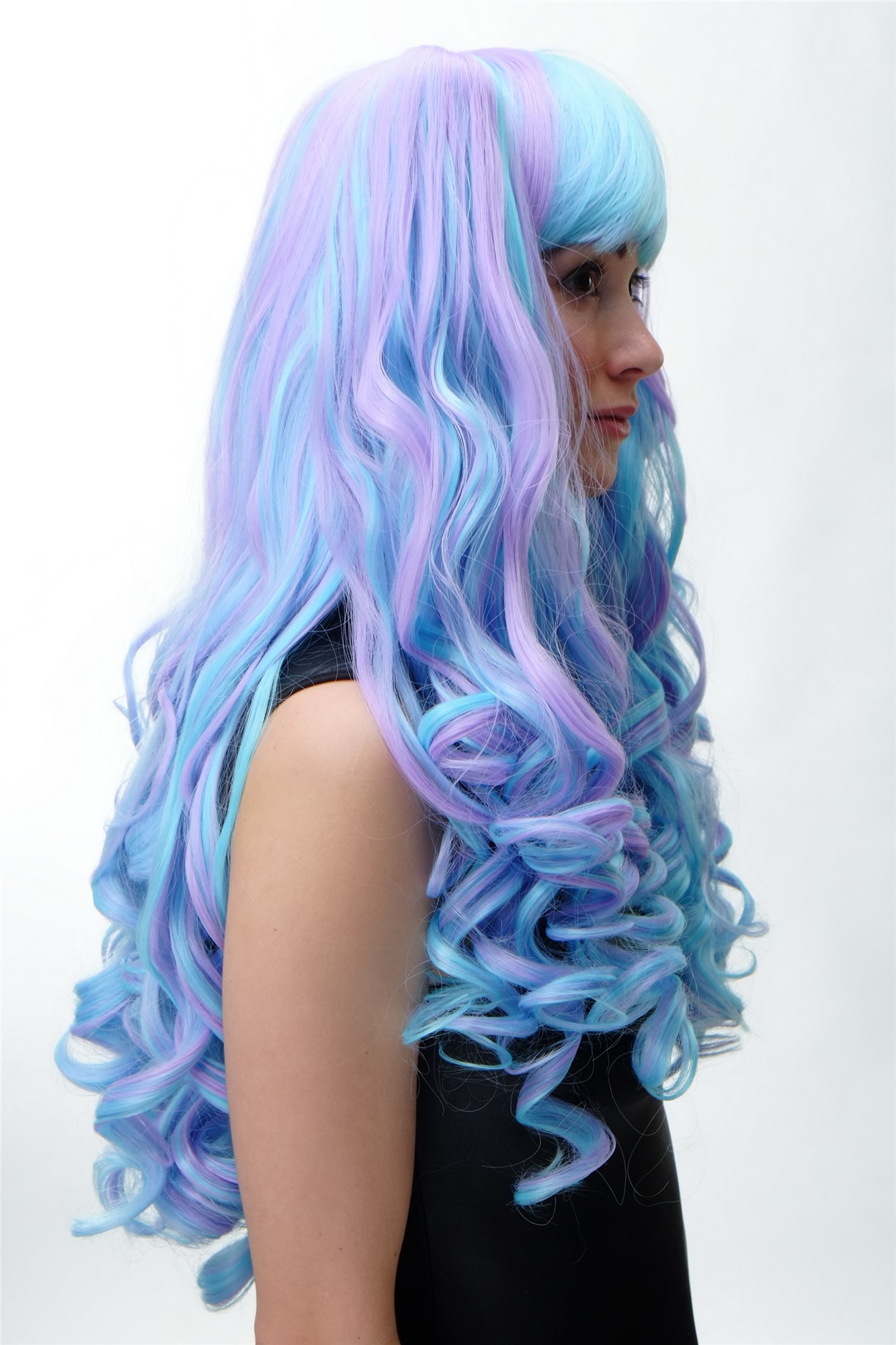 hochwertige Qualitätsperücken, Perücke Cosplay Lang Zöpfe Blau Lila YZF-7092L+A, Ansicht 4, WIG ME UP: Ihr Perücken Online Shop lockige Tressen-Perücke mit Kopfhaut-Imitat Blau-Lila-Mix sehr lange Haare für Damen