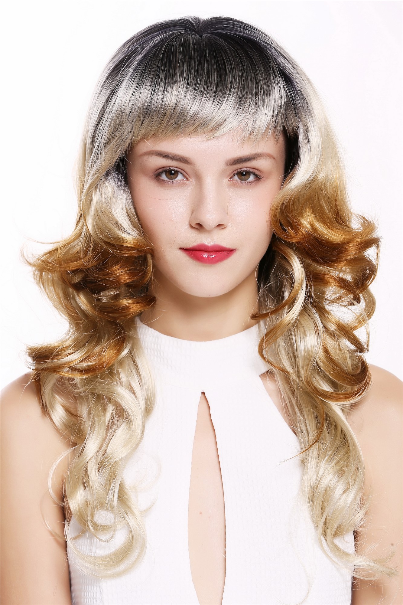 hochwertige Qualitätsperücken, Perücke Lang Locken Pony Ombre Blond 1002A-Y24SP613Y1BY27, Vorderansicht, WIG ME UP: Ihr Perücken Online Shop lockige Tressen-Perücke mit Kopfhaut-Imitat Schwarz-Aschblond-Erdbeerblond lange Haare für Damen