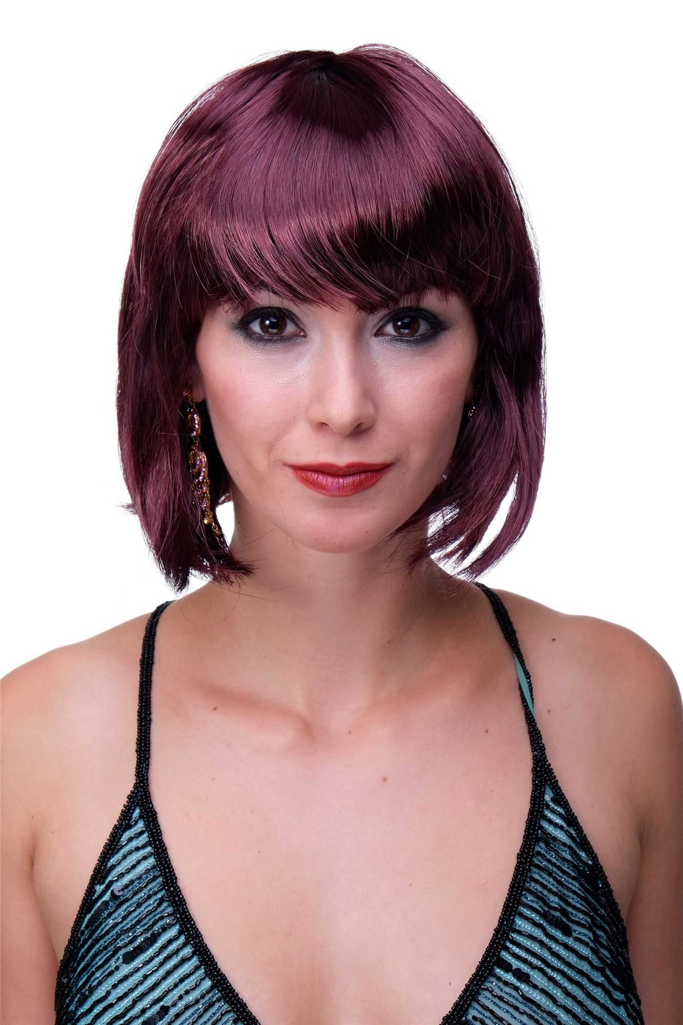 Party Halloween Disco lady women wig Bob fringe bangs short aubergine red PW0114, front view, WIG ME UP: Your Perücken Online Shop Party Wig, Ladies, eggplant red, straight, short