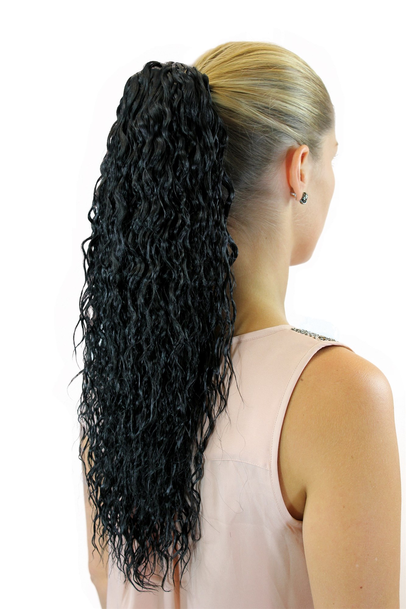 JL-602-1B Ponytail Hairpiece extension long waved wavy black claw clamp 21", front view, WIG ME UP: Your Perücken Online Shop Ponytails, velvet black, wavy, long