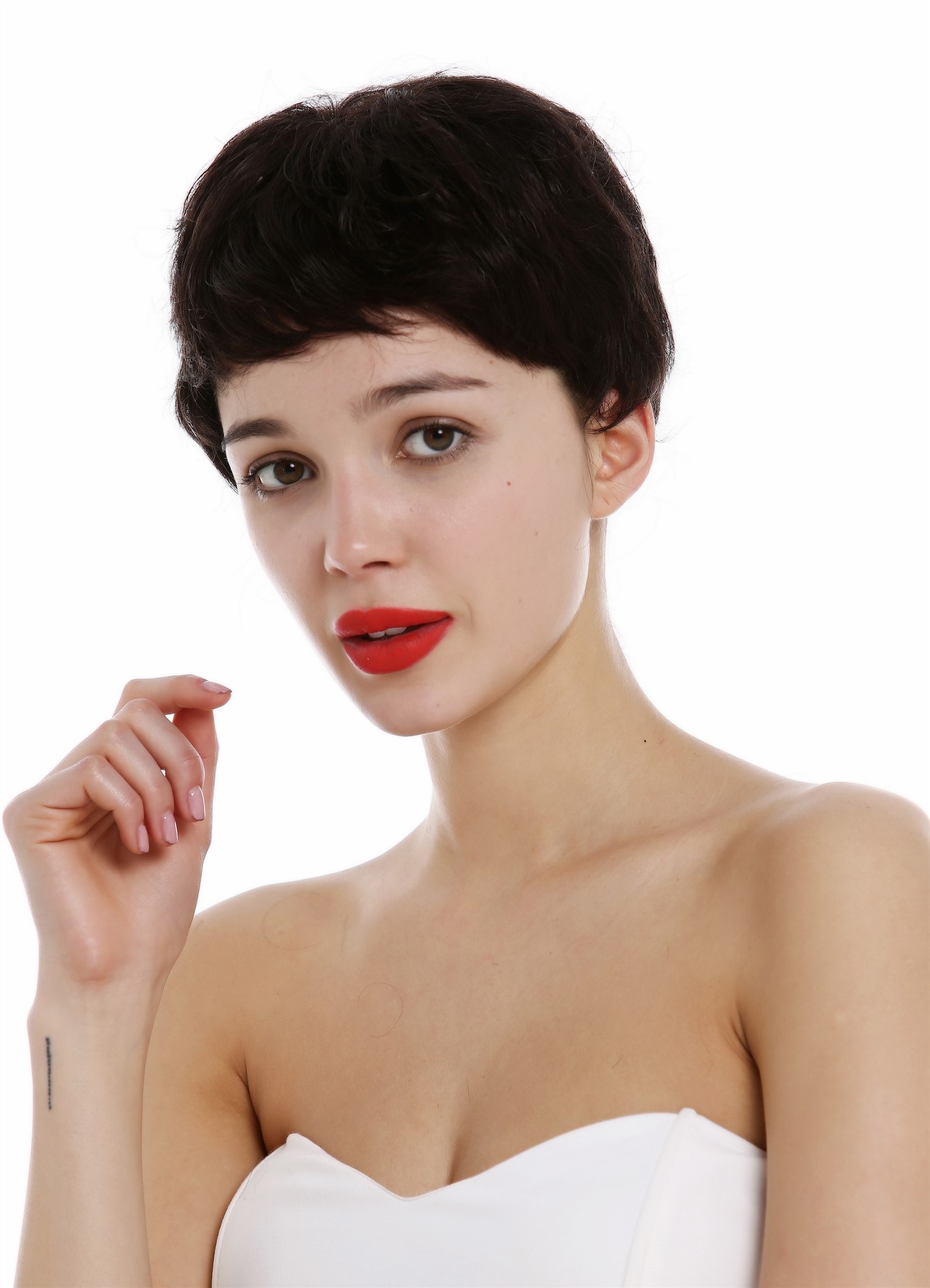 hochwertige Qualitätsperücken, Perücke Echthaar Damen Herren kurz Pixie wild wellig Schwarzbraun BHH-11-2, Ansicht 2, WIG ME UP: Ihr Perücken Online Shop wellige Tressen-Perücke Schwarzbraun kurze Haare für Damen