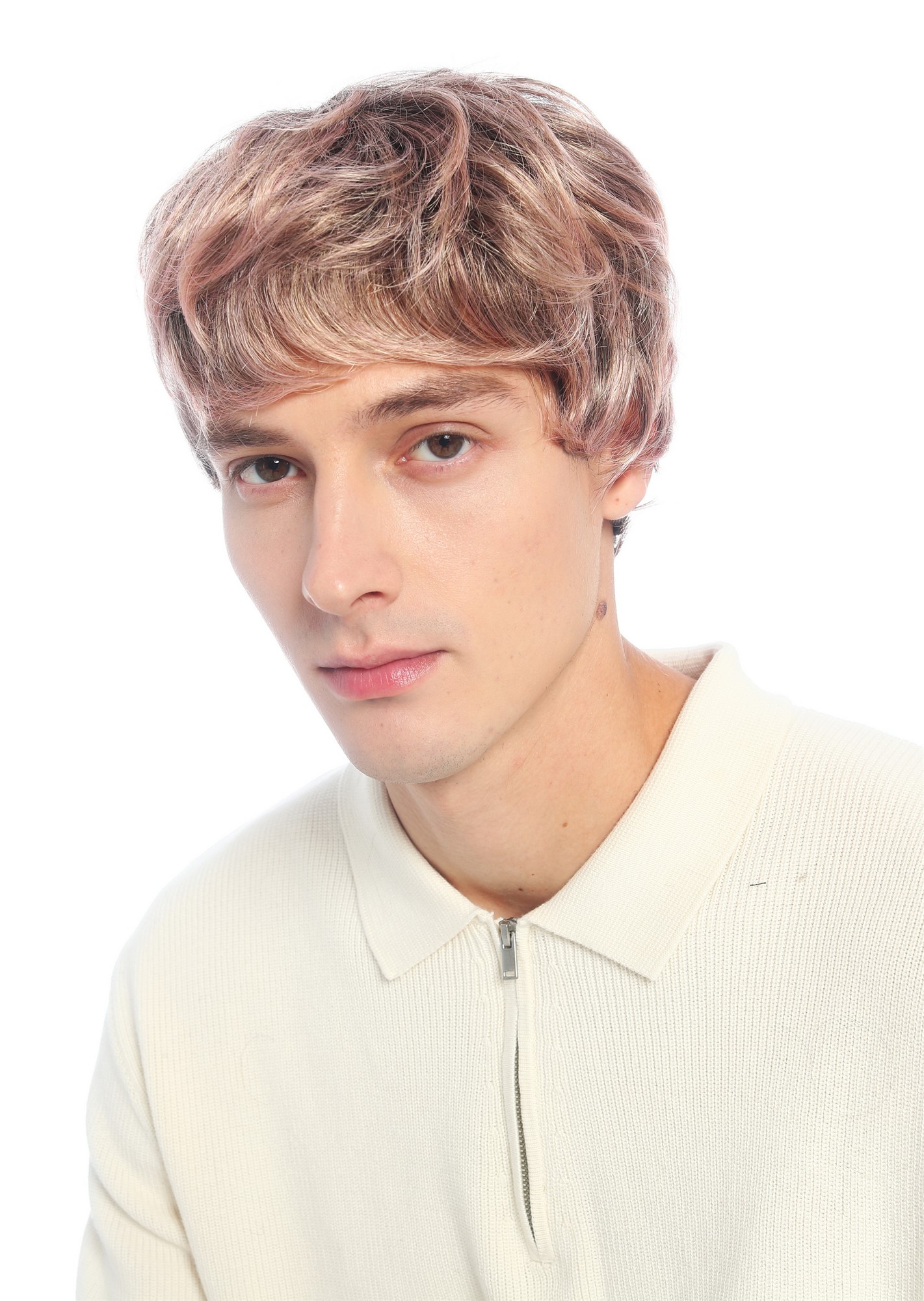 Perücke Damen Herren burschikos androgyn unsisex kurz wild gewellt Blond Mix Rosa Strähnchen VK-72-2215T