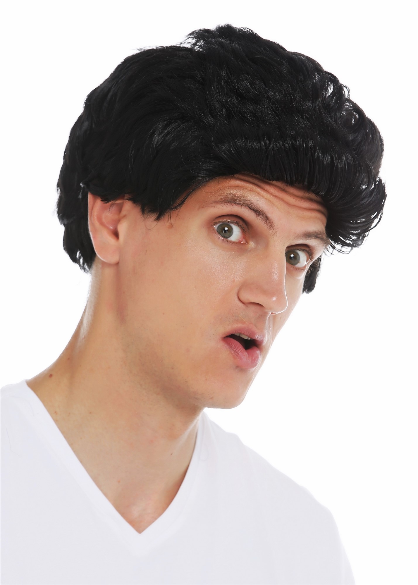 günstige Party Perücke, Perücke kurz Tolle gewellt schwarz 50er 60er 7064-P103, Vorderansicht, WIG ME UP: Ihr Perücken Online Shop wellige Party Perücke Pechschwarz kurze Haare Unisex