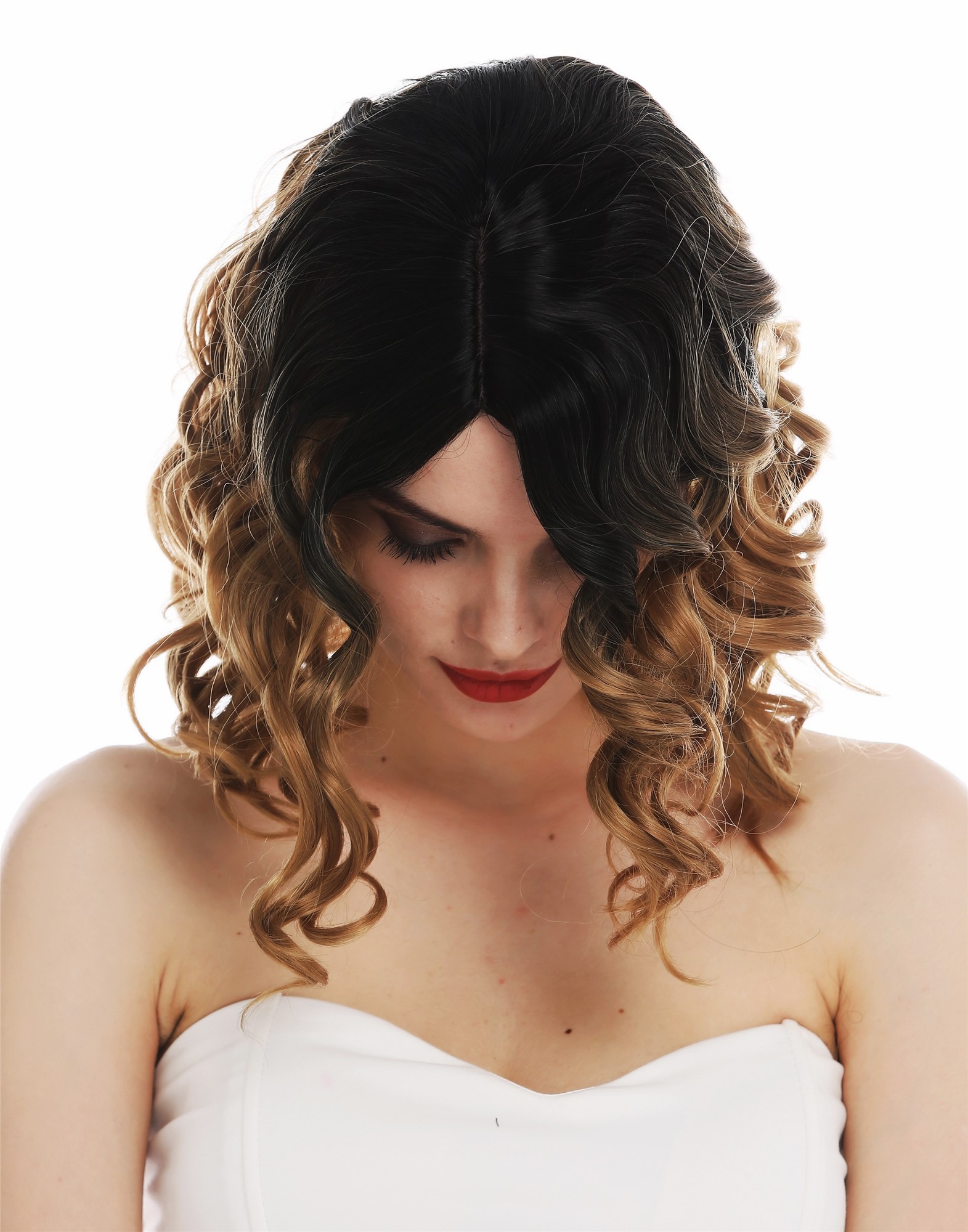 hochwertige Qualitätsperücken, Perücke schulterlang gewellt Scheitel Ombre Balayage Schwarz-Blond-Braun-Mix MS9026-R2/27/30, Ansicht 4, WIG ME UP: Ihr Perücken Online Shop lockige Tressen-Perücke mit Kopfhaut-Imitat Schwarz-Blond-Braun-Mix kurze Haare für Damen