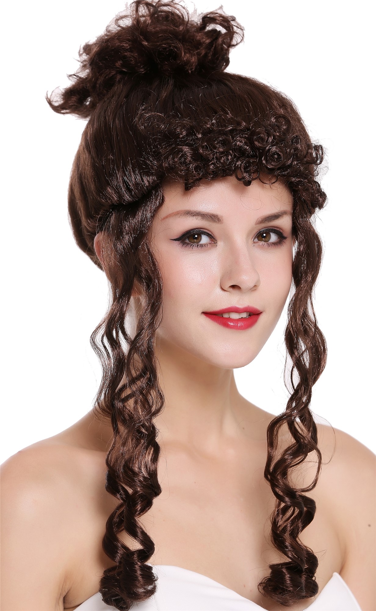 Lady Party Wig Victorian colonial bun long ringlets dark brown  CXH-007-P4, front view, WIG ME UP: Your Perücken Online Shop Party Wig, Ladies, medium brown, curled, shoulder-length