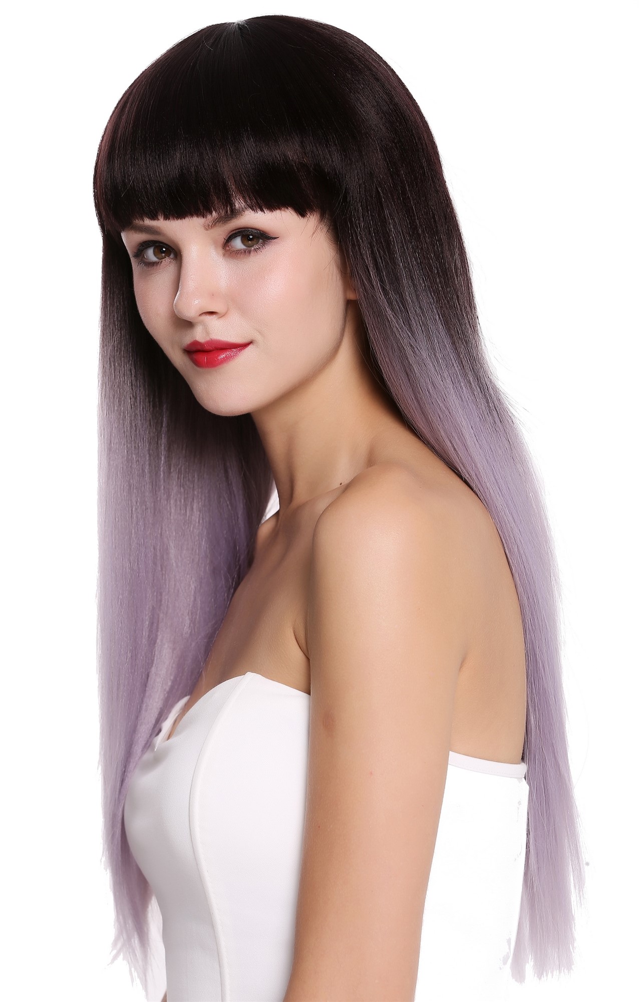 hochwertige Qualitätsperücken, Perücke Lang Glatt Pony Ombre Braun Lila Grau RGF-6190-T4/GRAY, Ansicht 3, WIG ME UP: Ihr Perücken Online Shop glatte Tressen-Perücke mit Kopfhaut-Imitat Dunkelbraun Lila Grau Mix lange Haare für Damen