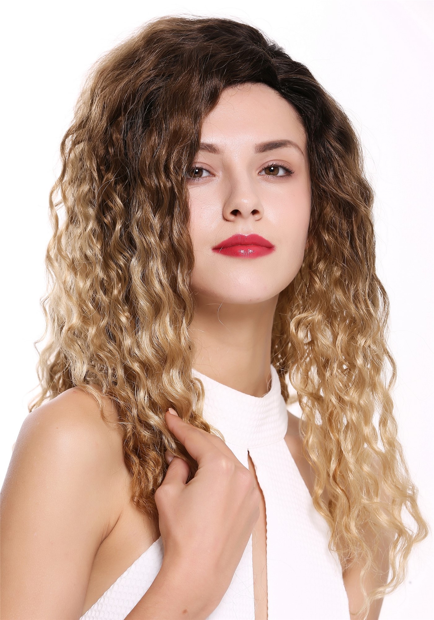 hochwertige Qualitätsperücken, Perücke Afro Locken gekreppt Seitenscheitel Ombre Braun-Blond-Mix 803AD-Y-SC1911, Ansicht 4, WIG ME UP: Ihr Perücken Online Shop lockige Tressen-Perücke mit Kopfhaut-Imitat Dunkelbraun-Goldblond-Kupferblond-Mix lange Haare für Damen