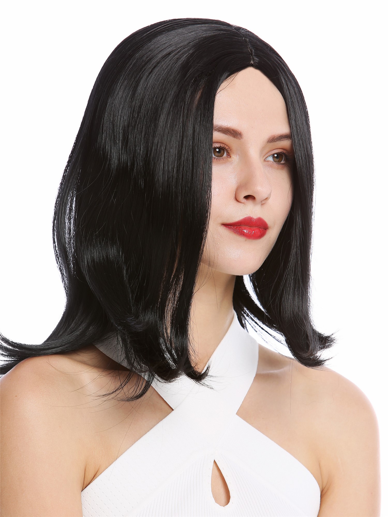 hochwertige Qualitätsperücken, Perücke kurz Longbob Scheitel Schwarz YZF-4358-1, Vorderansicht, WIG ME UP: Ihr Perücken Online Shop glatte Tressen-Perücke mit Kopfhaut-Imitat Schwarz schulterlange Haare für Damen