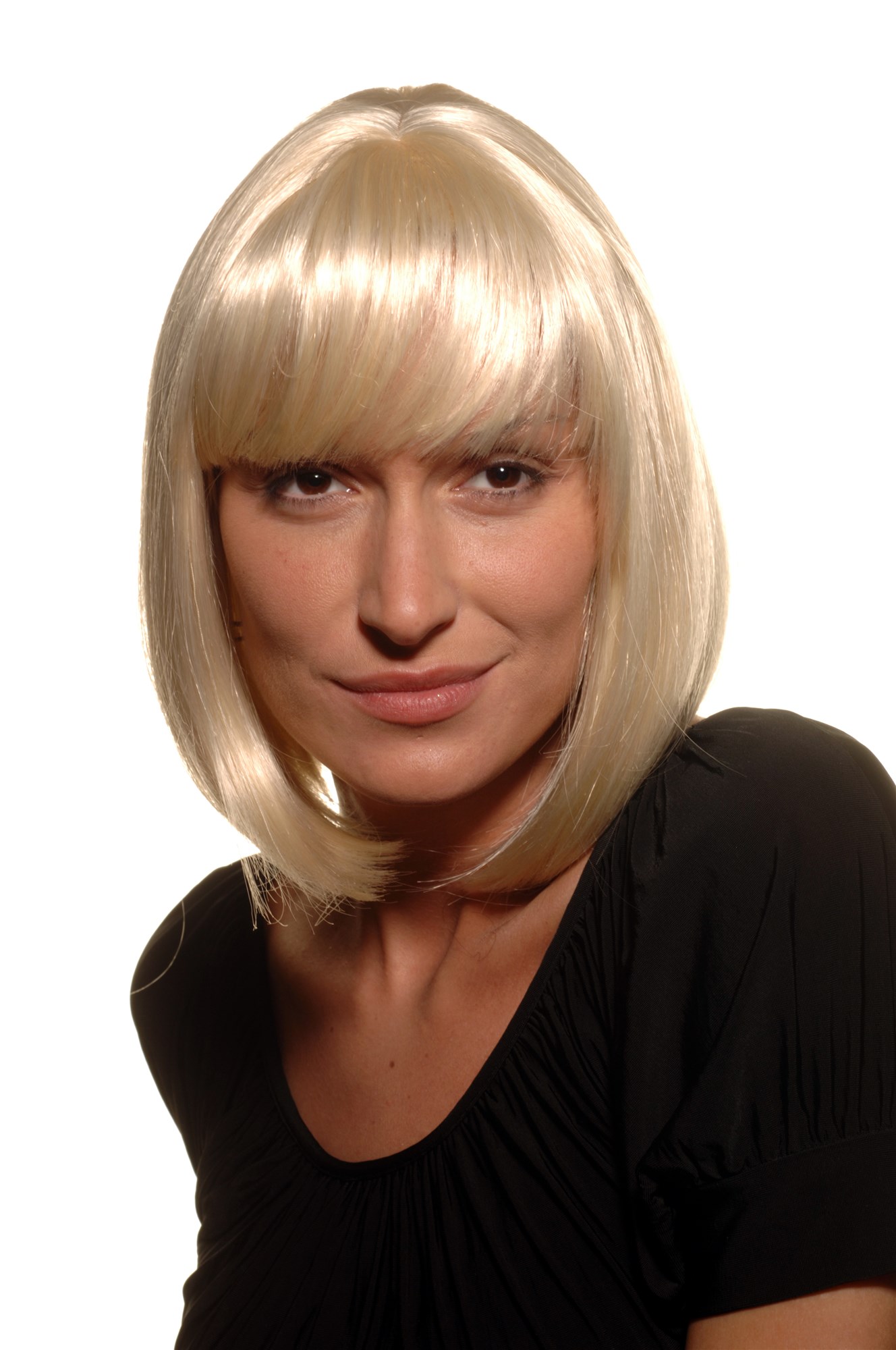 hochwertige Qualitätsperücken, Perücke Damen Bobfrisur Long Bob Pony glatt platinblond 7803-613, Vorderansicht, WIG ME UP: Ihr Perücken Online Shop glatte Tressen-Perücke mit Kopfhaut-Imitat Platinblond kurze Haare für Damen