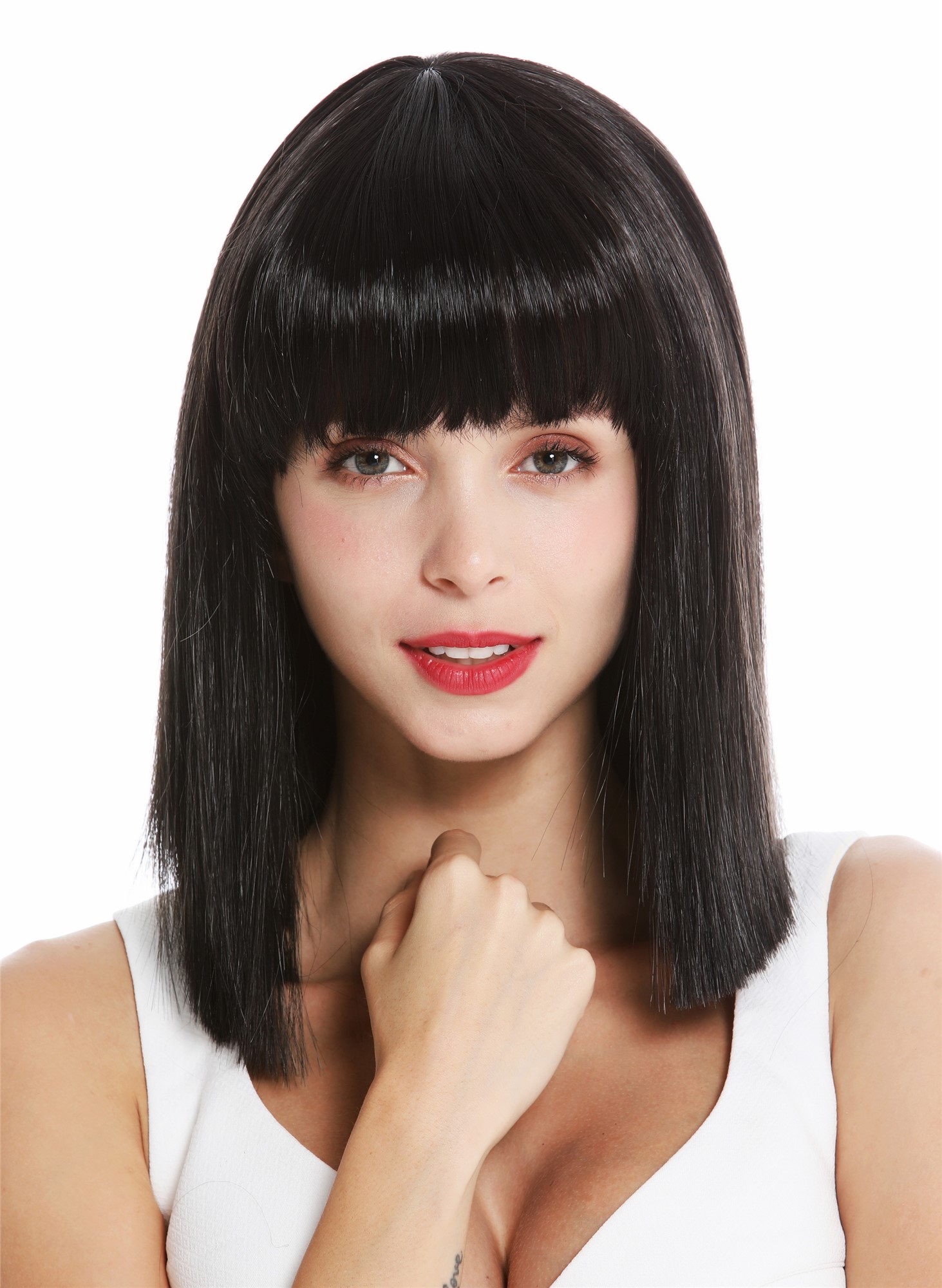 Women's wig short shoulder length long bob sleek Cleopatra fringe black VK-10, front view, WIG ME UP: Your Perücken Online Shop Quality Wigs, Ladies, black-brown, straight, shoulder-length