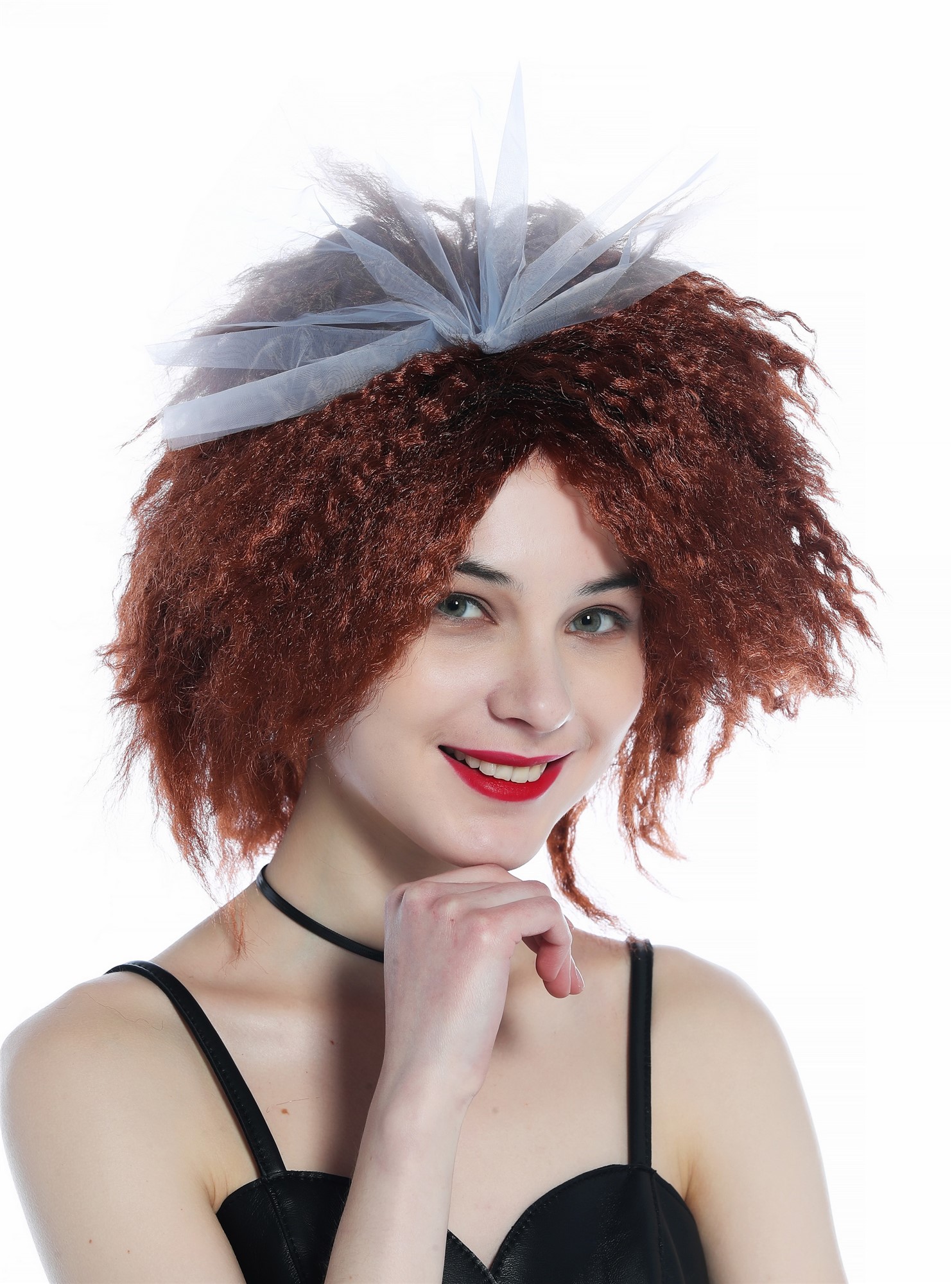 günstige Party Perücke, Perücke Braun gekreppt Krepplocken wild voluminös 80er Jahre Schleife 91874-P33A, Vorderansicht, WIG ME UP: Ihr Perücken Online Shop lockige Party Perücke Mahagoni schulterlange Haare für Damen