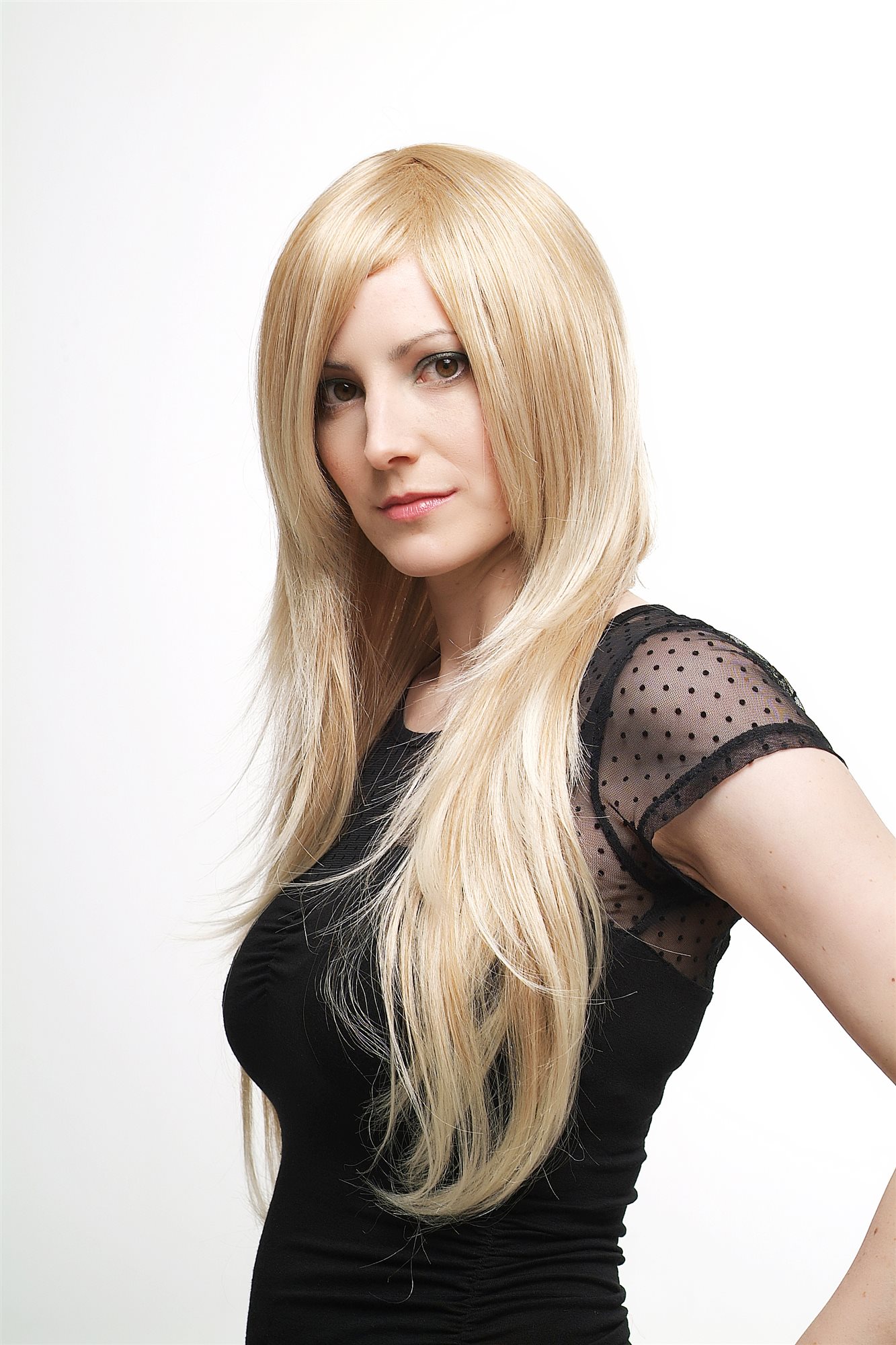 Lady wig medium length long fringe worn to side straight layered blond mix 3110, view 2, WIG ME UP: Your Perücken Online Shop Quality Wigs, Ladies, Blonde, straight, long