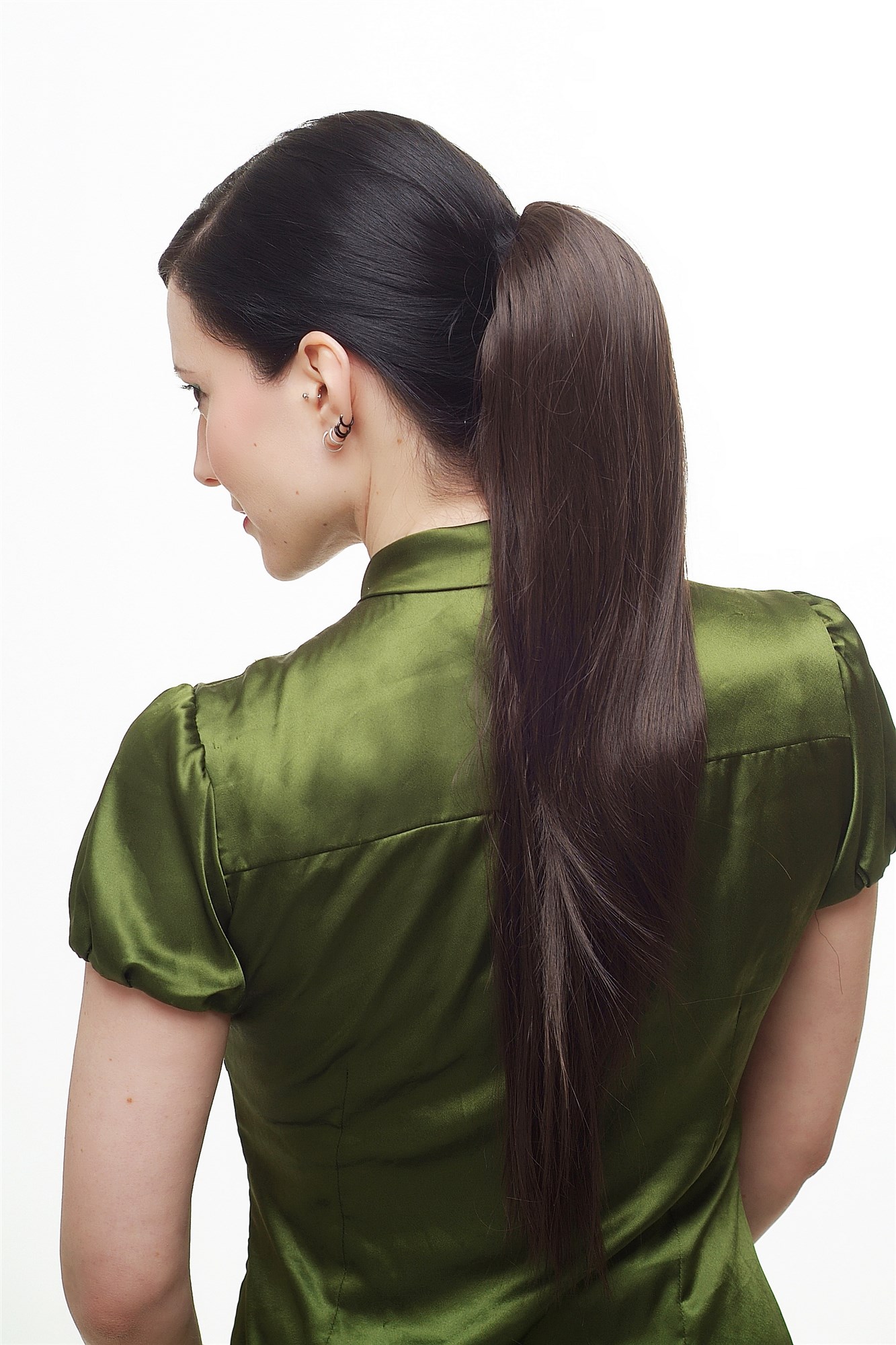 Hairpiece Ponytail with Mini Claw Clamp/Clip and Drawstring long full voluminous but straight brown, view 2, WIG ME UP: Your Perücken Online Shop Ponytails, Brown, straight, long