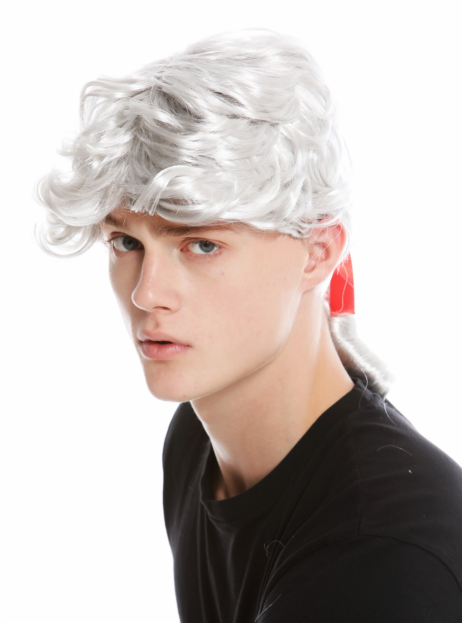 Wig men carnival Baroque poet Casanova nobleman lord plait silver grey gray 7057, front view, WIG ME UP: Your Perücken Online Shop Party Wig, Men, light gray, curled, shoulder-length