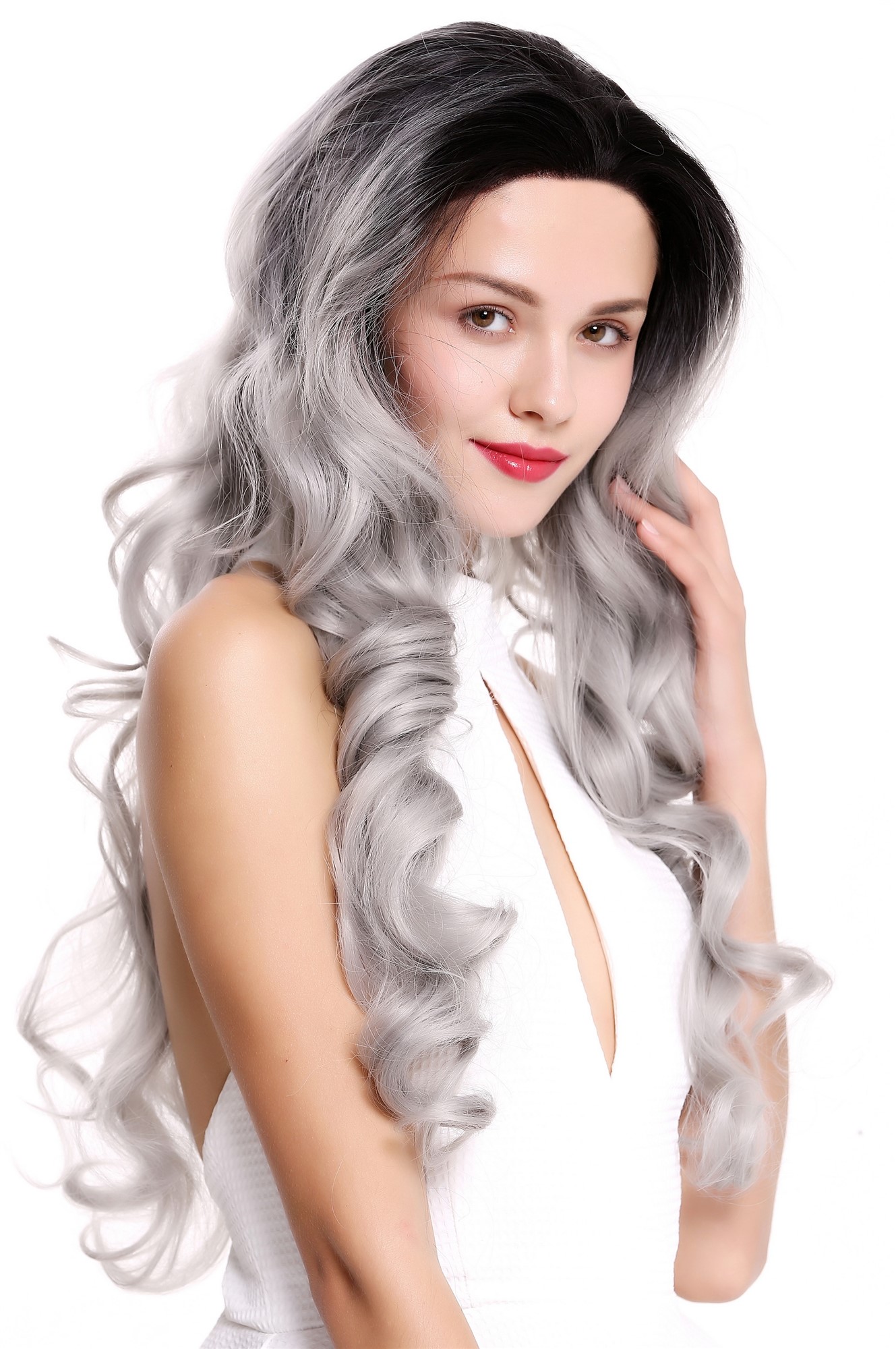 Lady wig women lace front long slightly curly ombre black grey LS-010-LF, view 2, WIG ME UP: Your Perücken Online Shop Quality Wigs, Ladies, velvet black-silver gray mix, curled, long