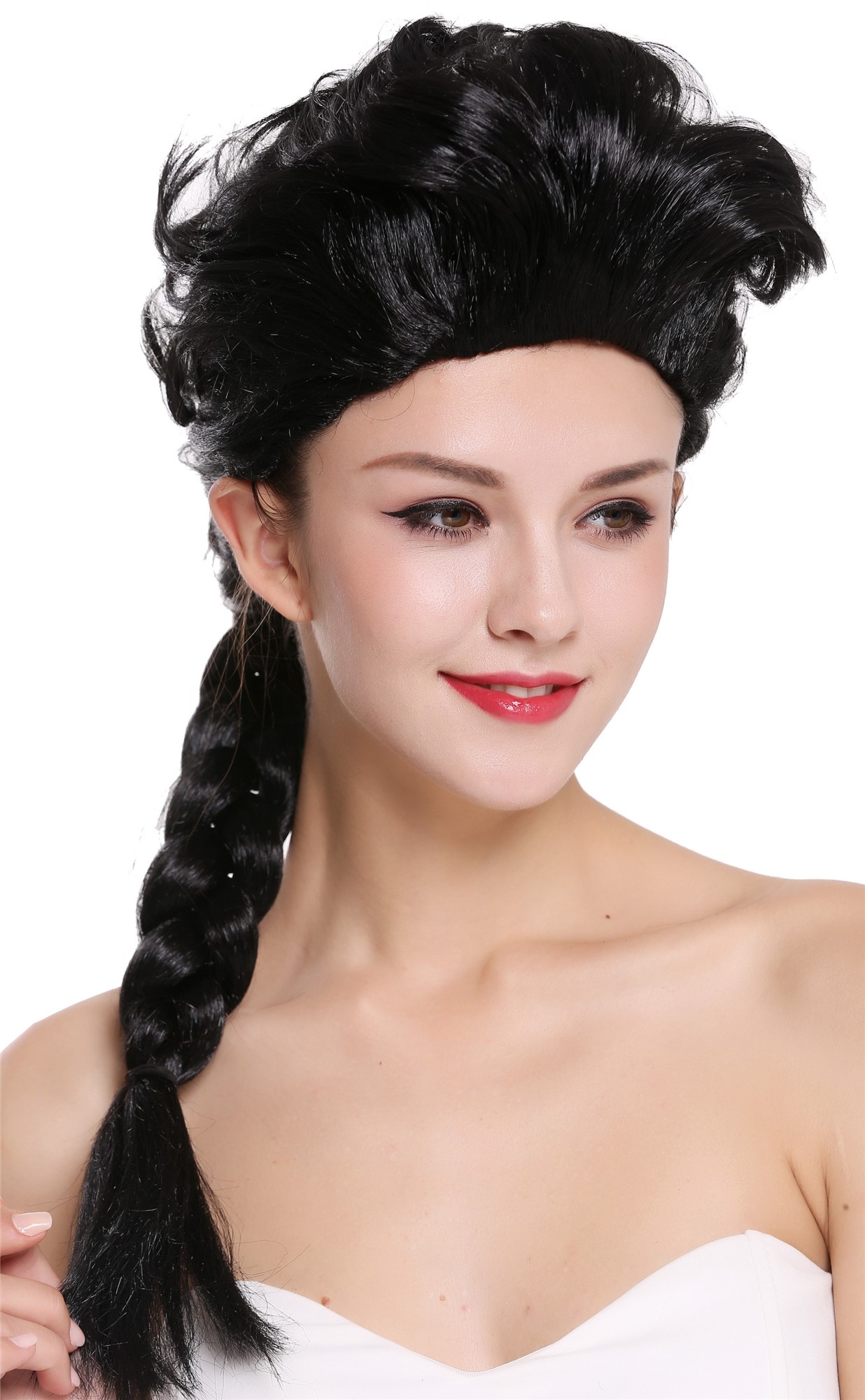günstige Party Perücke, Perücke Schwarz Zopf Geflochten 051-P103, Vorderansicht, WIG ME UP: Ihr Perücken Online Shop geflochtene Party Perücke Schwarz lange Haare für Damen