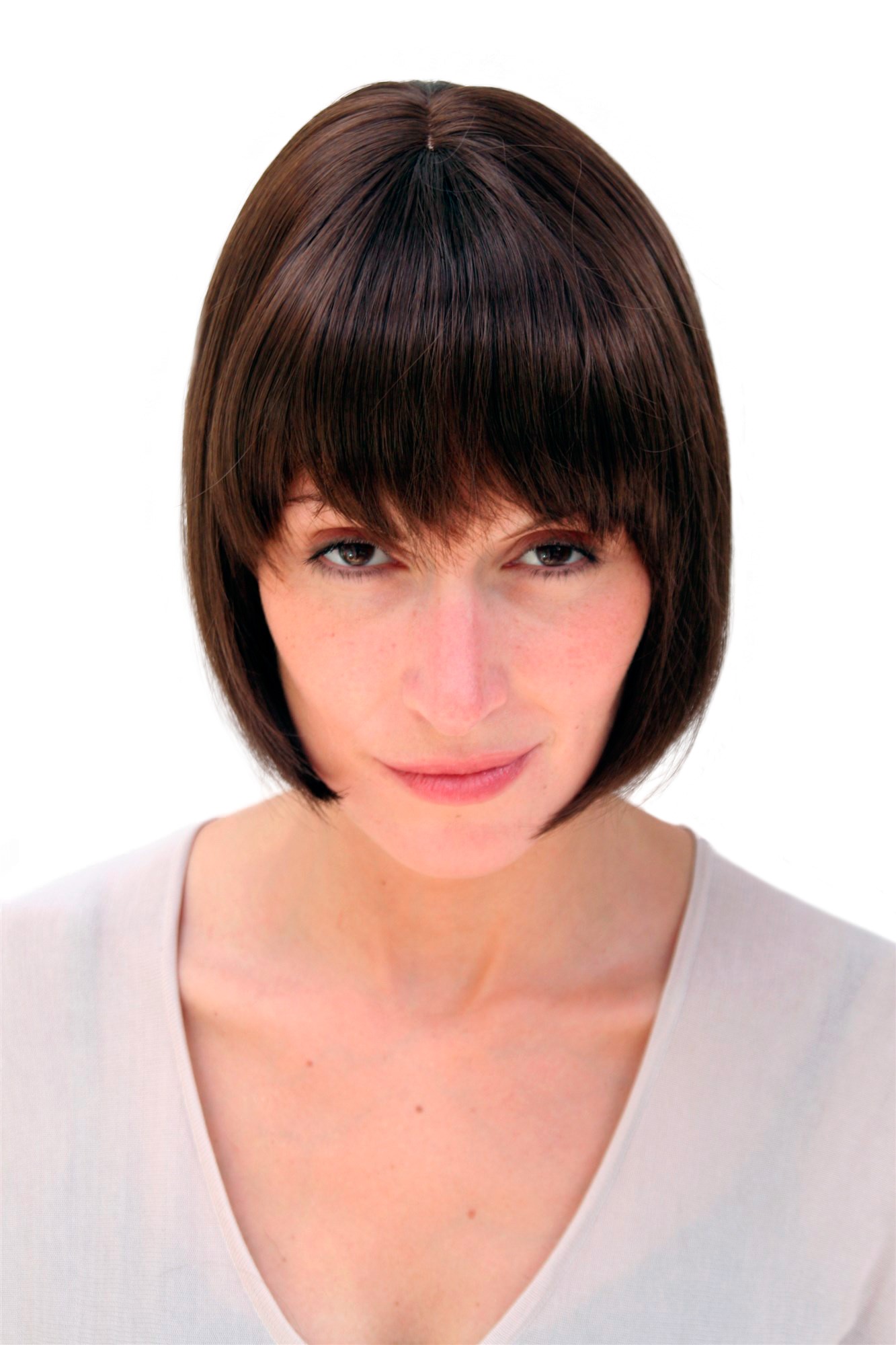 hochwertige Qualitätsperücken, Sexy Damen Bob Perücke glatte kurze Haare mit Pony braun mittelbraun 703-6, Vorderansicht, WIG ME UP: Ihr Perücken Online Shop glatte Tressen-Perücke mit Kopfhaut-Imitat Mittelbraun kurze Haare für Damen
