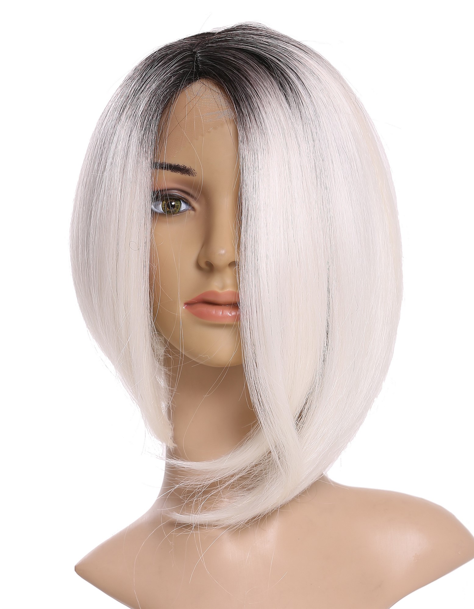 Quality Wigs, Ladies, deep black and flower white mix, straight, shoulder-length