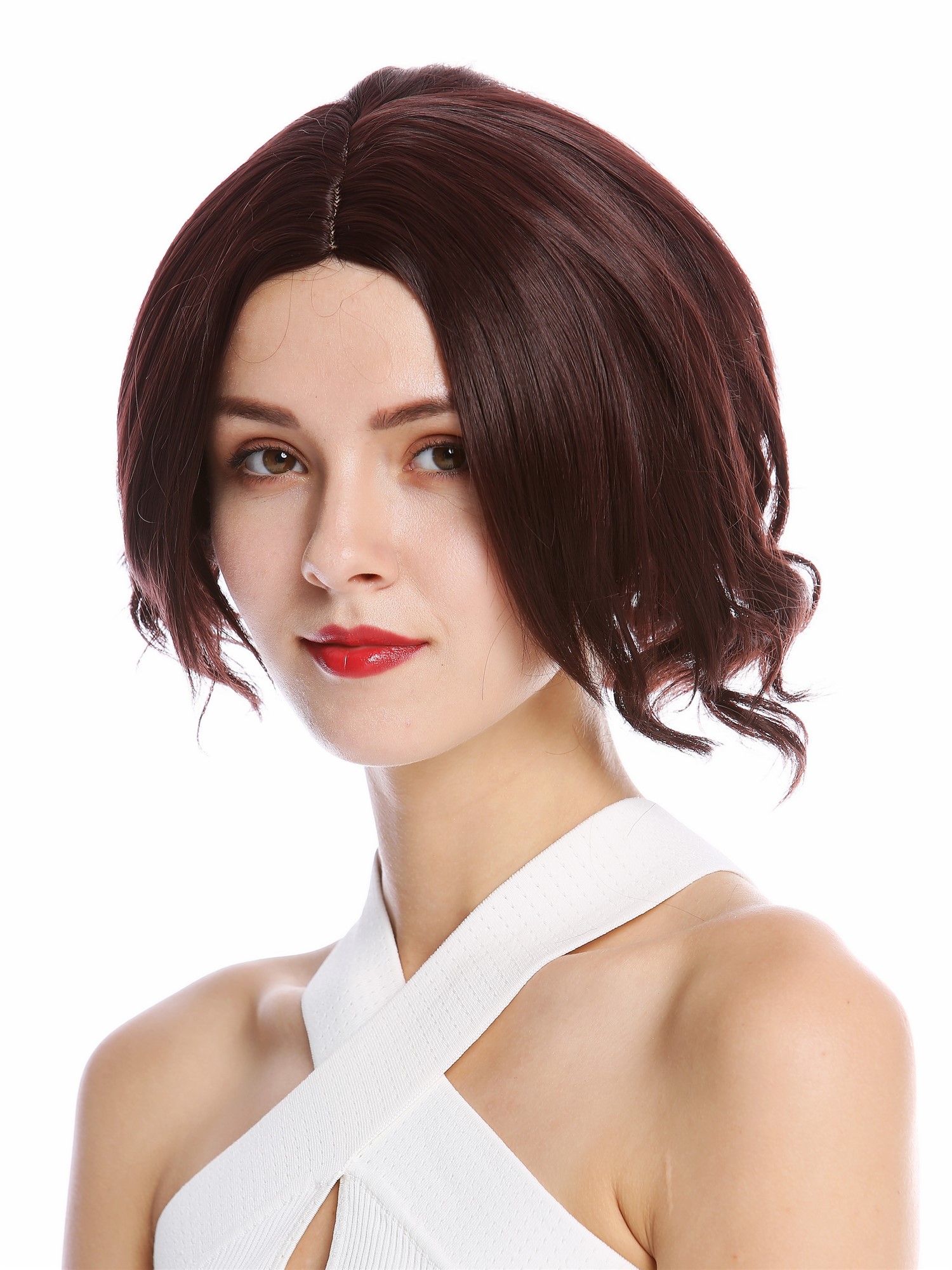 hochwertige Qualitätsperücken, Perücke kurz Longbob Mittelscheitel wellig Rotbraun YZF-4359-M33X, Ansicht 4, WIG ME UP: Ihr Perücken Online Shop wellige Tressen-Perücke mit Kopfhaut-Imitat Mahagonibraun kurze Haare für Damen