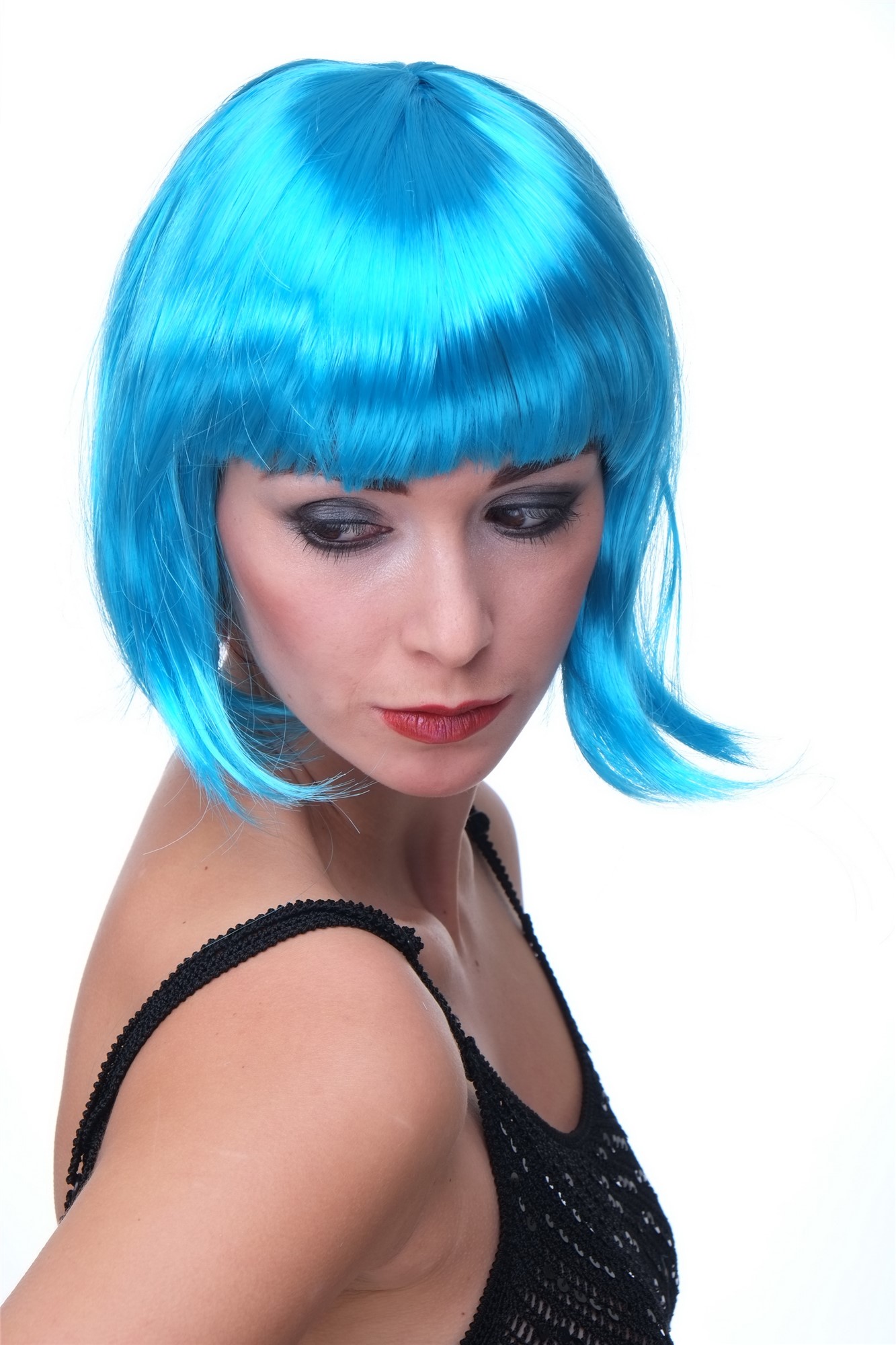 Party Halloween Disco lady women wig Bob fringe bangs short light blu PW0114, front view, WIG ME UP: Your Perücken Online Shop Party Wig, Ladies, light blue, straight, short