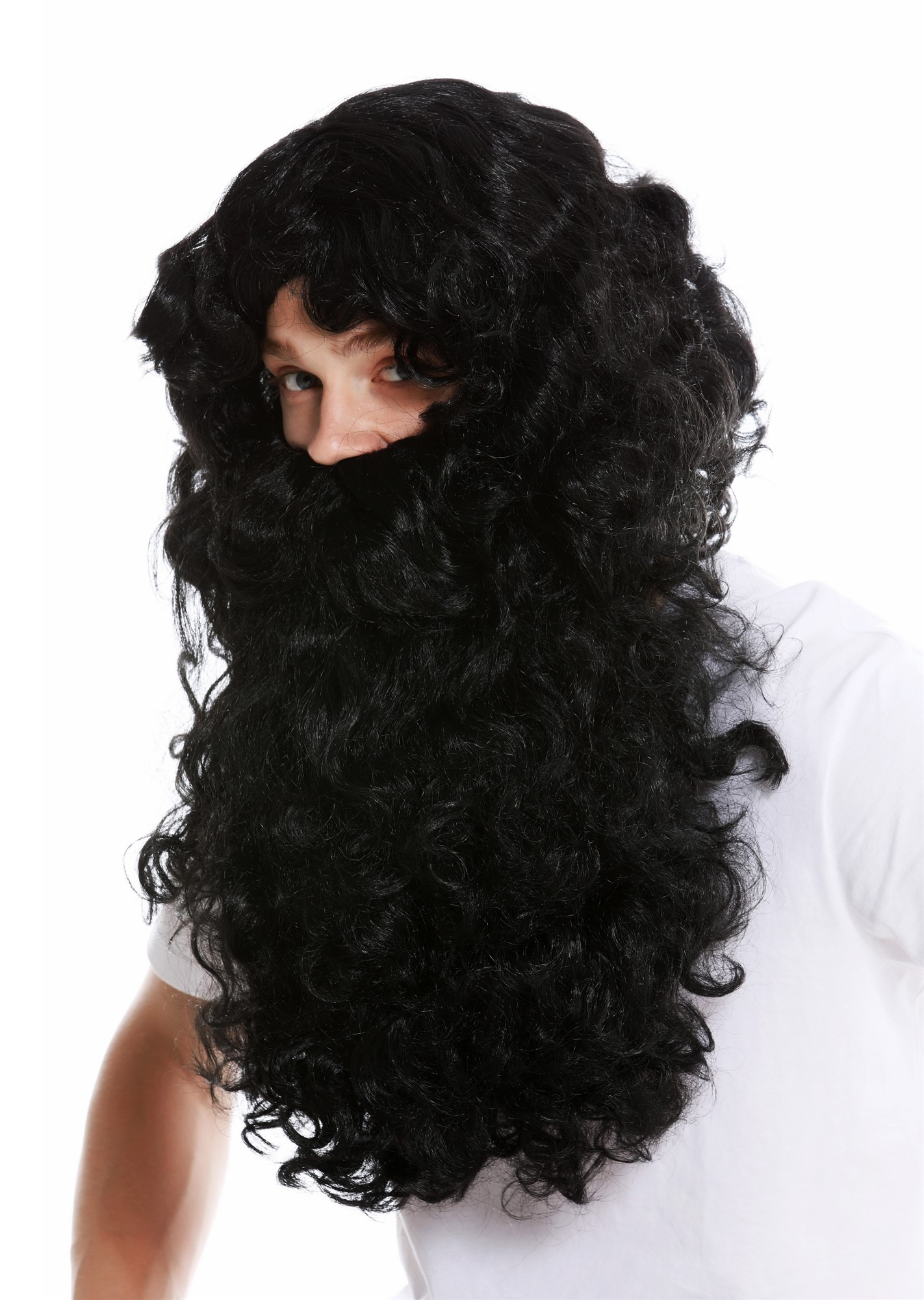 günstige Party Perücke, Perücke Bart Prophet Zauberer Schwarz 46-A+B-ZA103, Ansicht 3, WIG ME UP: Ihr Perücken Online Shop lockige Party Perücke Pechschwarz kurze Haare für Herren