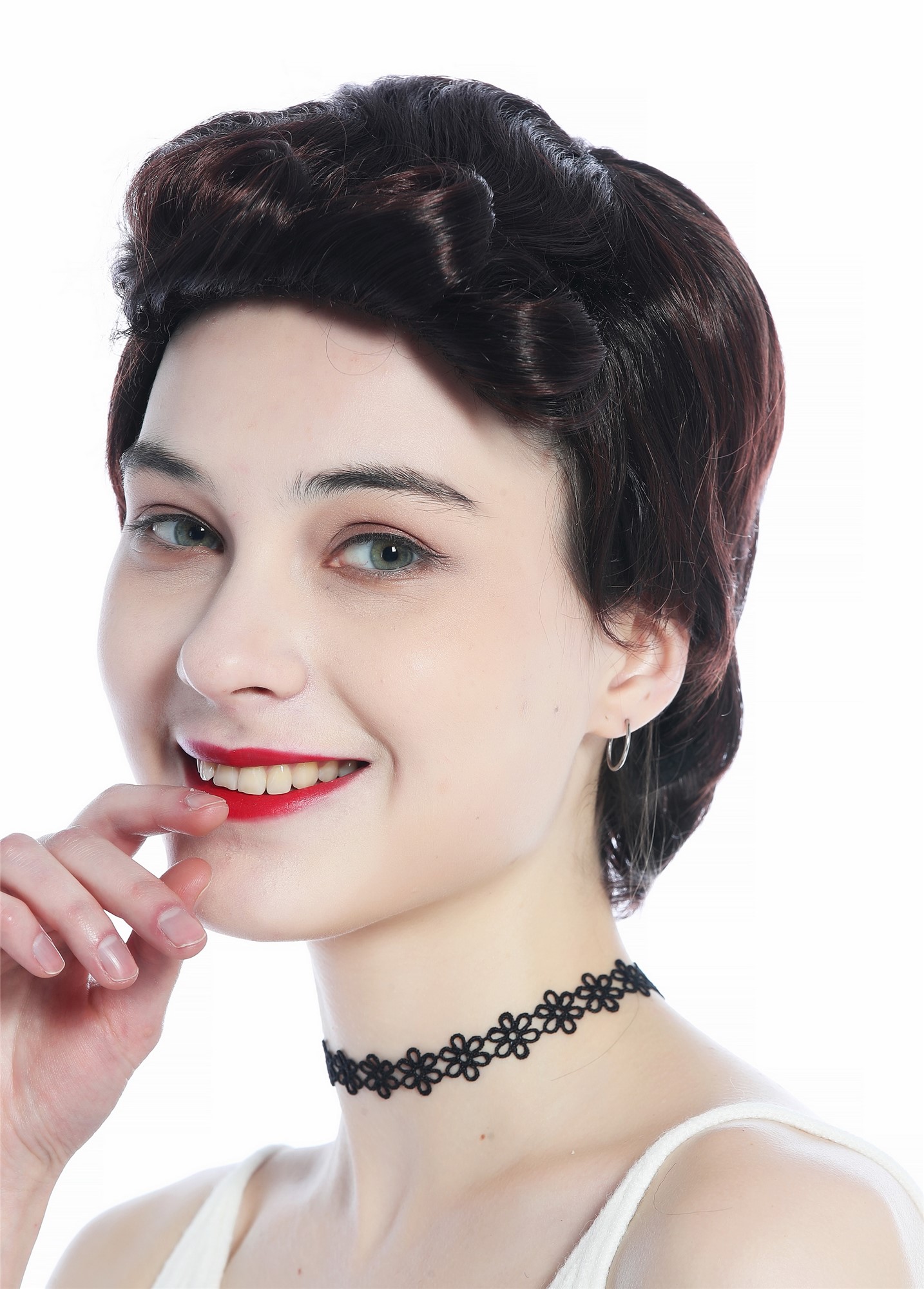hochwertige Qualitätsperücken, Perücke unisex kurz glatt gelockte Tolle Mahagoni Braun Mix DW3333-2T33, Ansicht 4, WIG ME UP: Ihr Perücken Online Shop lockige Tressen-Perücke Braun-Rot-Mix kurze Haare für Unisex