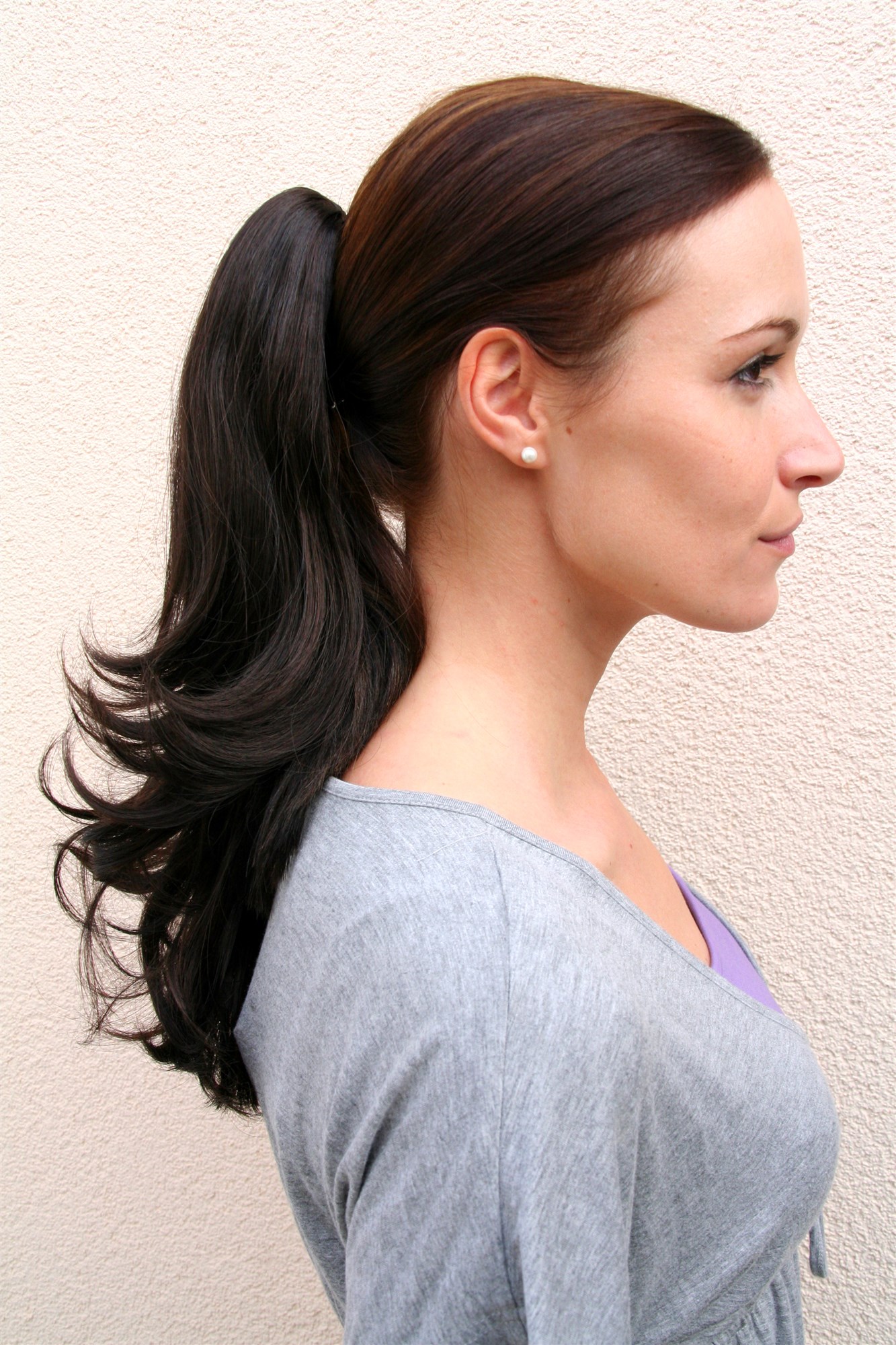 Hairpiece PONYTAIL medium length straight DARK BROWN (T400 Colour 3) Extension, view 2, WIG ME UP: Your Perücken Online Shop Ponytails, dark brown, wavy, shoulder-length