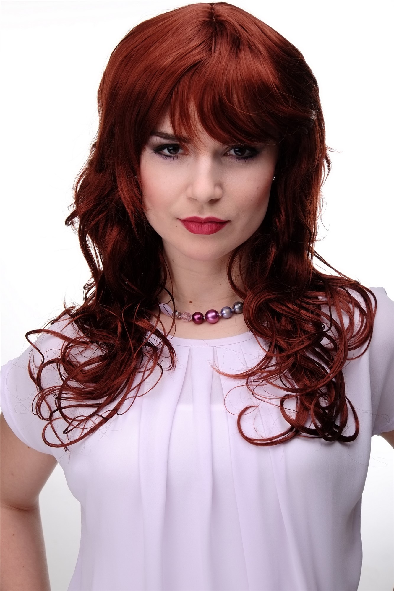 Lady  Wig long wavy and curly ends long fringe (for side parting) dark copper red 22", view 5, WIG ME UP: Your Perücken Online Shop Quality Wigs, Ladies, copper, wavy, long