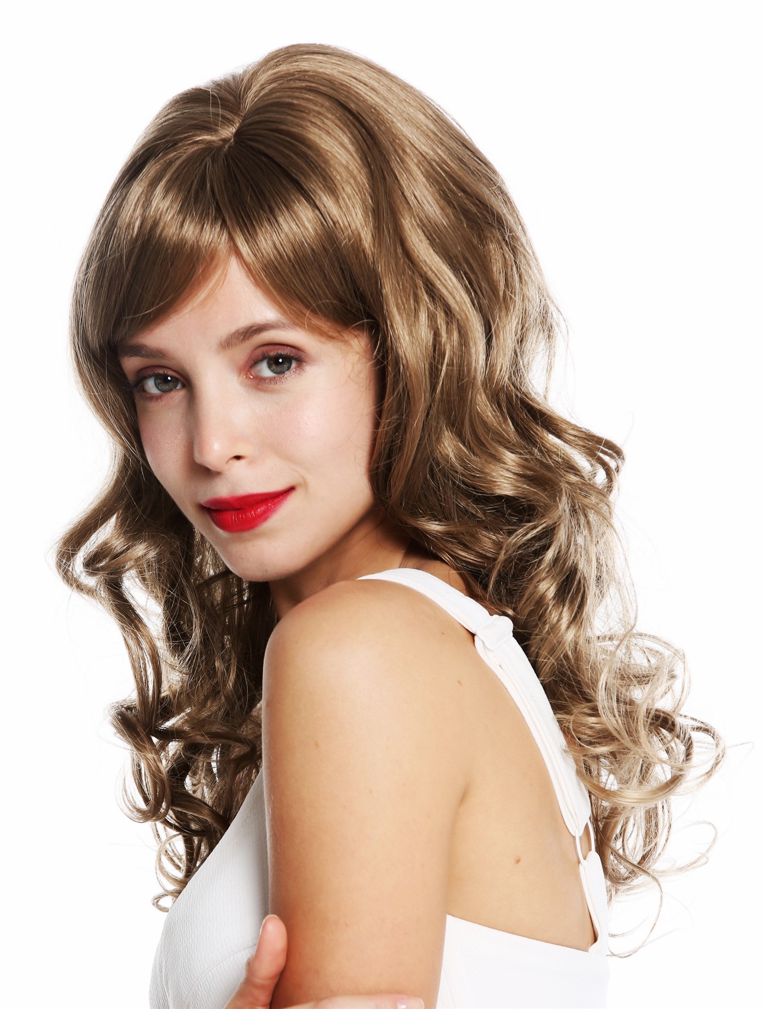 hochwertige Qualitätsperücken, Perücke lang edel gelockt Braun Blond Gesträhnt VK-46-12-T16, Ansicht 3, WIG ME UP: Ihr Perücken Online Shop lockige Tressen-Perücke mit Kopfhaut-Imitat Blond-Braun-Mix lange Haare für Damen