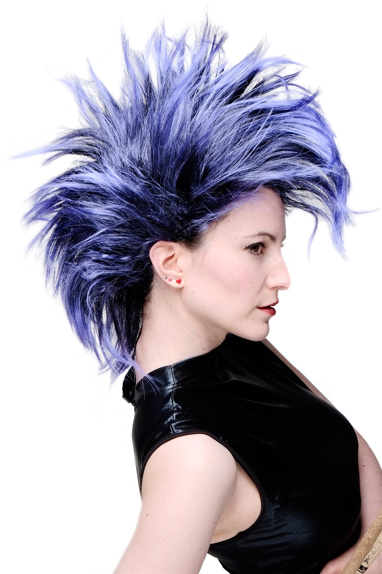 Party Wig men women teased up Mohawk 80's Wave Glam Punk Black & Blue PW0078-1, front view, WIG ME UP: Your Perücken Online Shop Party Wig, Unisex, black-blue-violet, wavy, shoulder-length