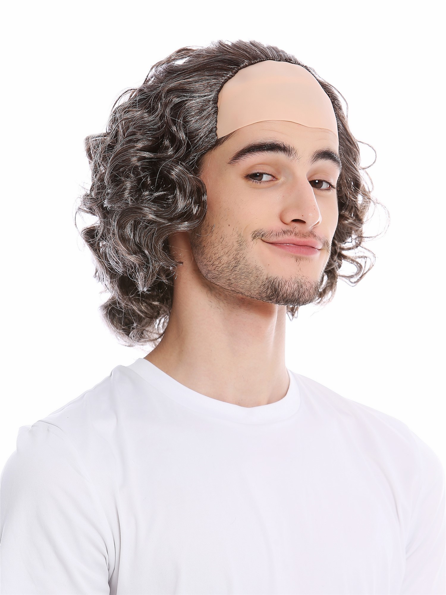 günstige Party Perücke, Perücke Halbglatze Grau Wild Locken Opa Professor 68-A-ZA4/ZA63, Vorderansicht, WIG ME UP: Ihr Perücken Online Shop lockige Party Perücke Grau schulterlange Haare für Herren