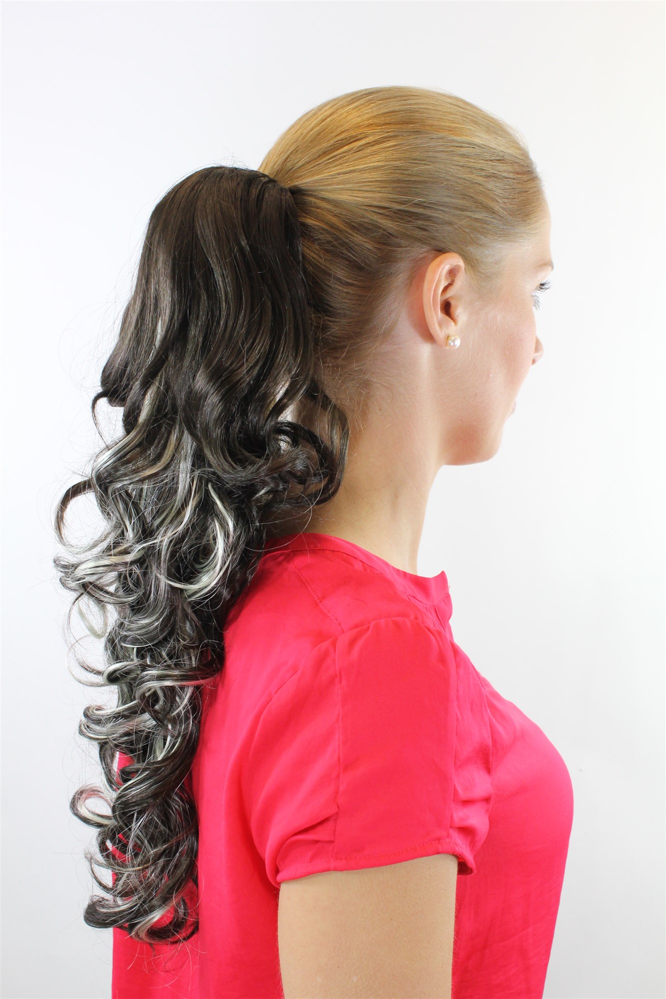 hochwertiges Haarteil Braun-Blond-Mix lockig mit Butterfly-Klammer XF-0053A-8H113, Ansicht 2, WIG ME UP: Ihr Perücken Online Shop lockiges Zopf-Haarteil Dunkelbraun-Knallrot-Mix 50 cm lang