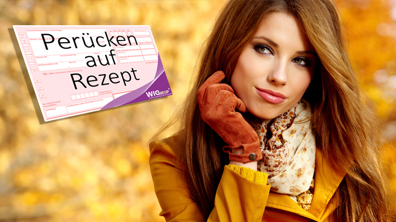Rezpt-Schein und brünette Frau mit Herbsthintergrund von Wig Me Up Perücken auf Rezept bei Wig Me Up