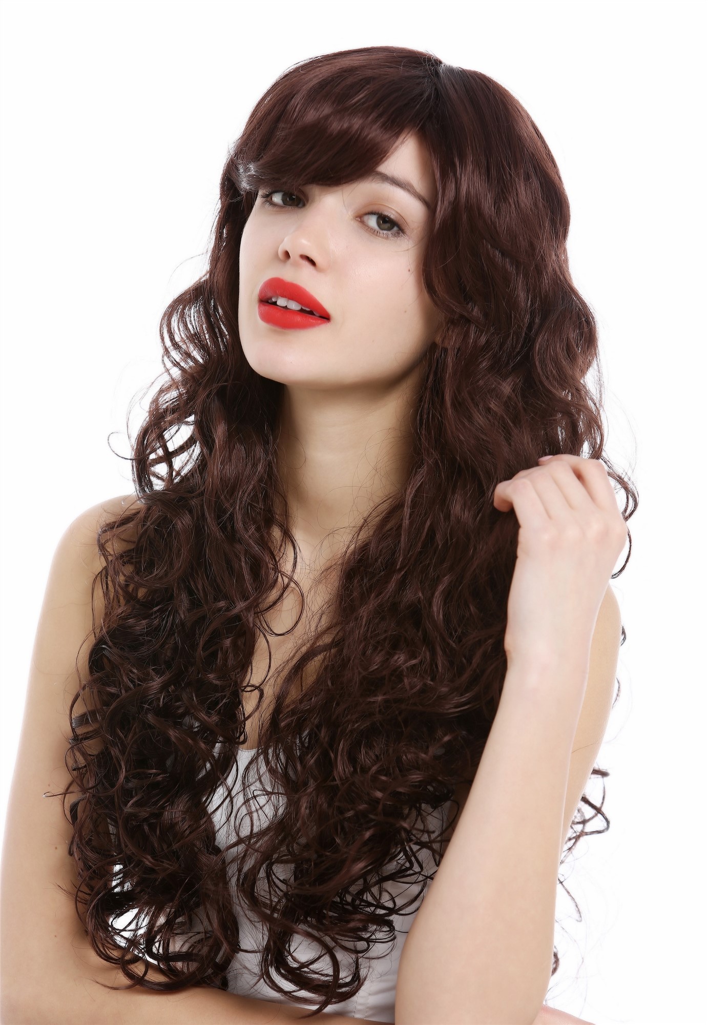 hochwertige Qualitätsperücken, Perücke lang lockig voluminös Rotbraun VK-36-33, Ansicht 4, WIG ME UP: Ihr Perücken Online Shop lockige Tressen-Perücke mit Kopfhaut-Imitat Mahagonibraun lange Haare für Damen