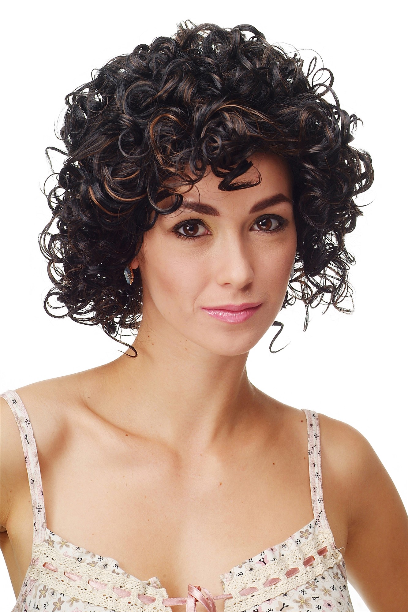 hochwertige Qualitätsperücken, Damenperücke Locken Schwarz Braune Strähnen Modell: DW1066, Vorderansicht, WIG ME UP: Ihr Perücken Online Shop lockige Tressen-Perücke Schwarz-Kupferbraun-Mix kurze Haare für Damen