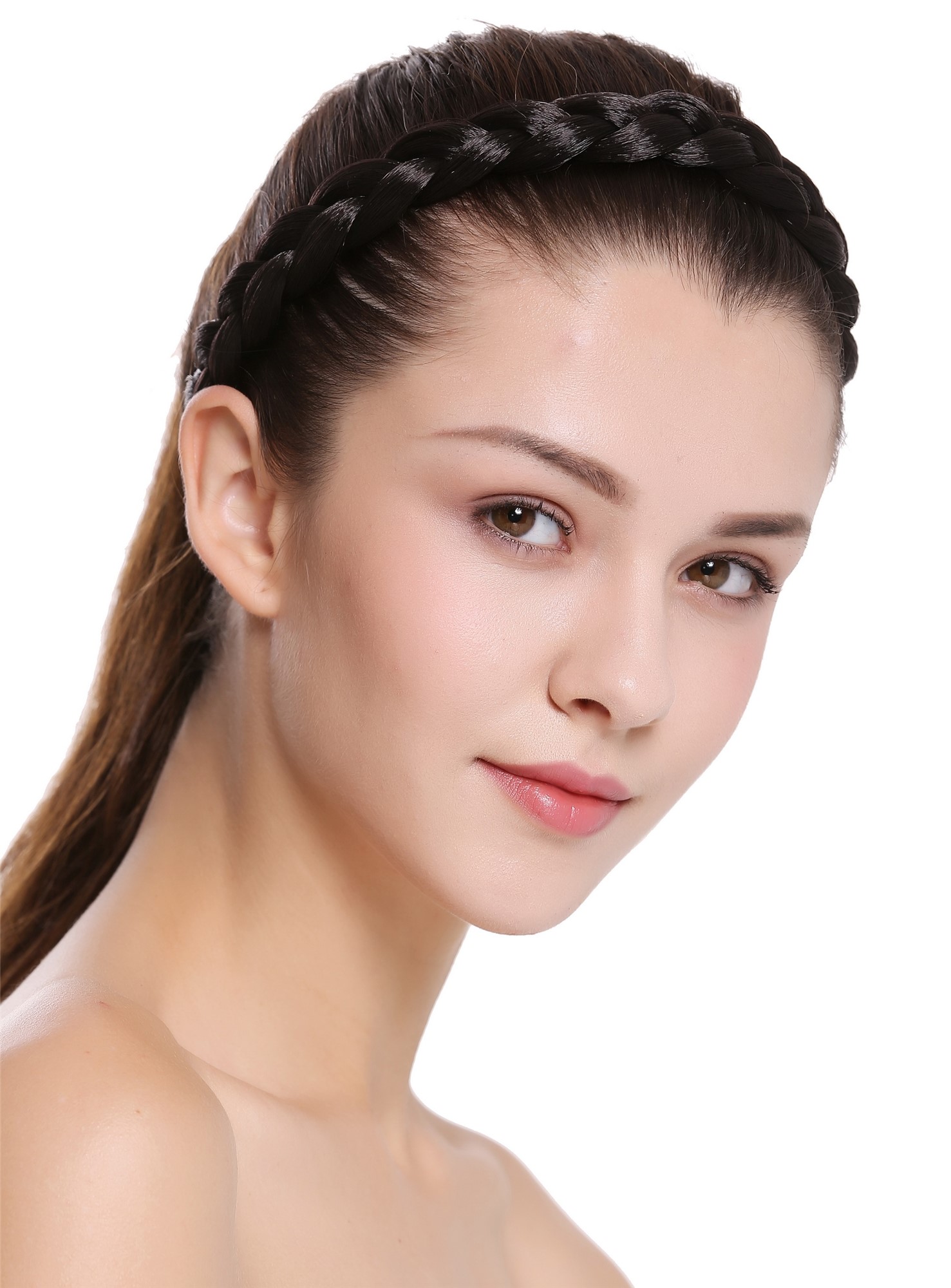 Geflochtenes breites Haarband mit 2 Clips 2 cm breit Dunkelbraun CXT-005-003, Vorderansicht, WIG ME UP: Ihr Perücken Online Shop Haarreifen geflochten Dunkelbraun 75 cm