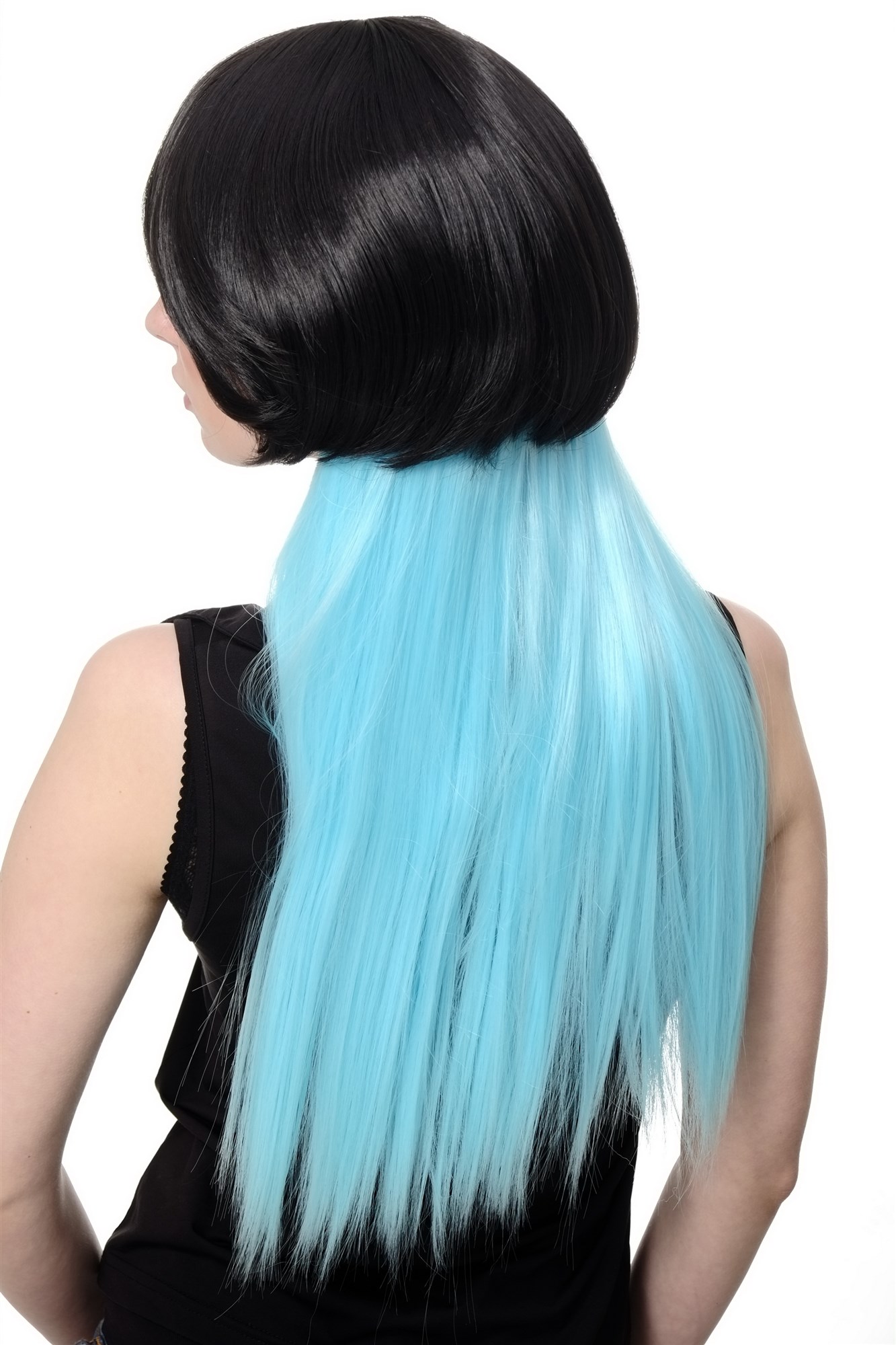 hochwertige Qualitätsperücken, Perücke Cosplay schwarz Bob Zopf cyan SA074-2HTF2513, Ansicht 4, WIG ME UP: Ihr Perücken Online Shop glatte Tressen-Perücke mit Kopfhaut-Imitat Schwarz-Hellblau lange Haare für Damen