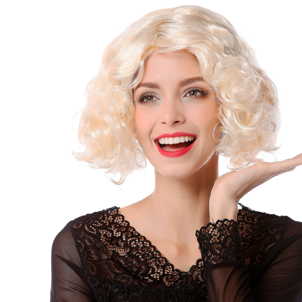 Category image for party wigs of the 20s and 30s Light blonde, curly bob wig with voluminous, curly hair in the style of the 20s and 30s