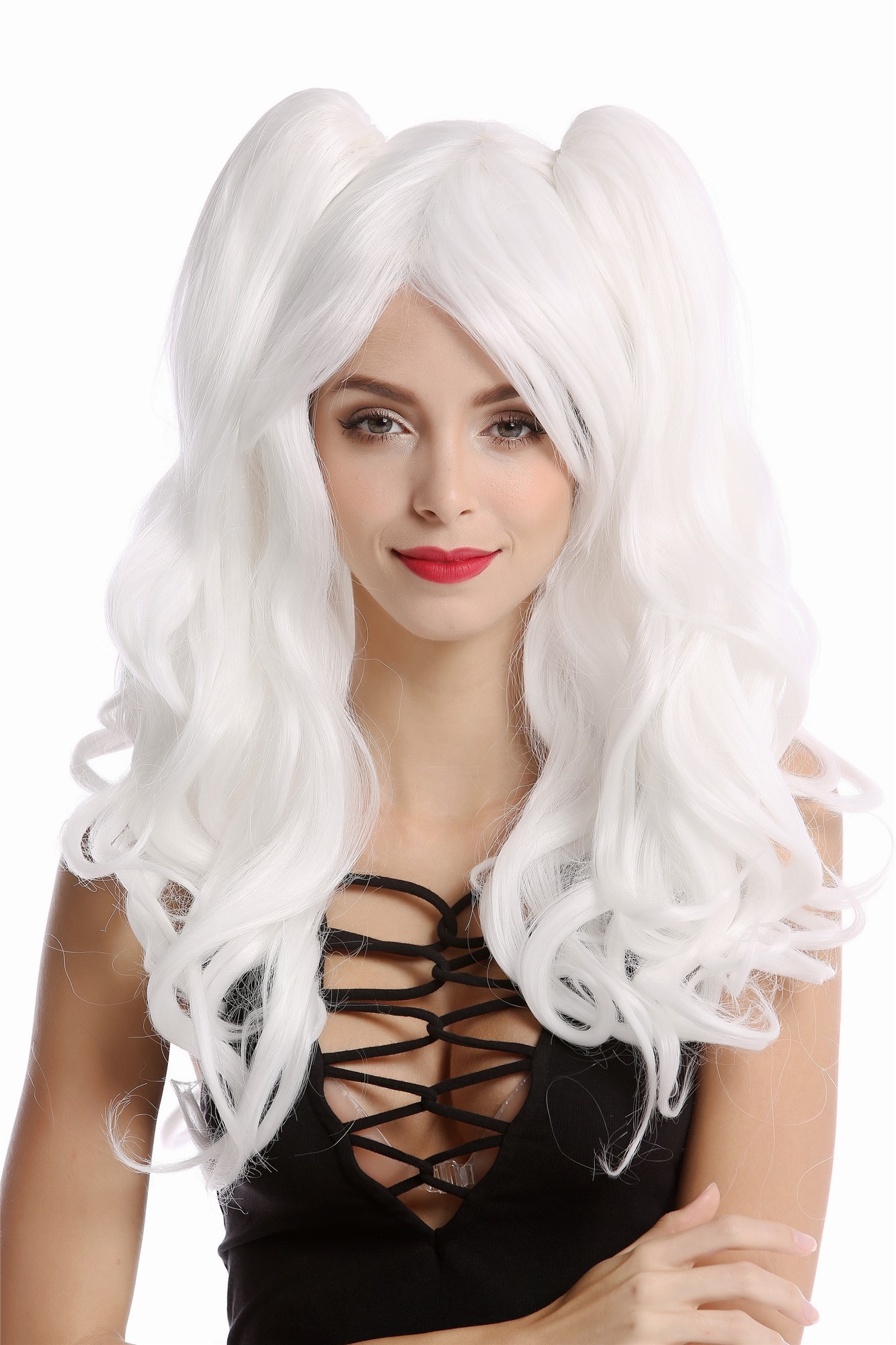 hochwertige Qualitätsperücken, Perücke Cosplay 2 Zöpfe weiß YZF-4379-1001, Vorderansicht, WIG ME UP: Ihr Perücken Online Shop wellige Tressen-Perücke Blütenweiß lange Haare für Damen