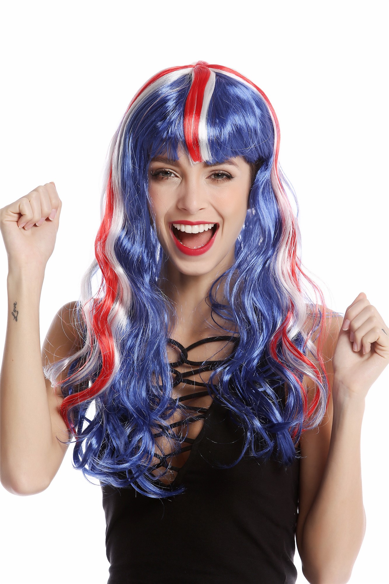 90923 Lady Fan Wig England UK Union Jack long wavy blue white red, view 2, WIG ME UP: Your Perücken Online Shop Party Wig, Ladies, Blue, White, Red, wavy, long